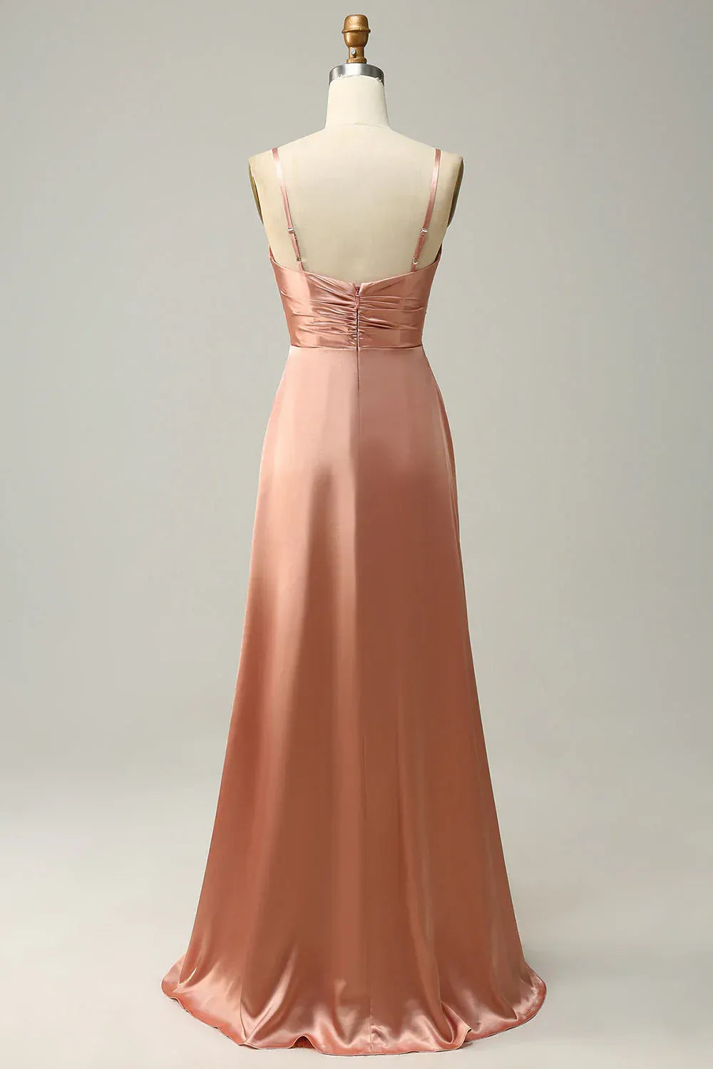 Dusty‑Rose Satin Spaghetti‑Strap Cross‑Wrap‑Waist High‑Slit A‑Line Bridesmaid Dresses
