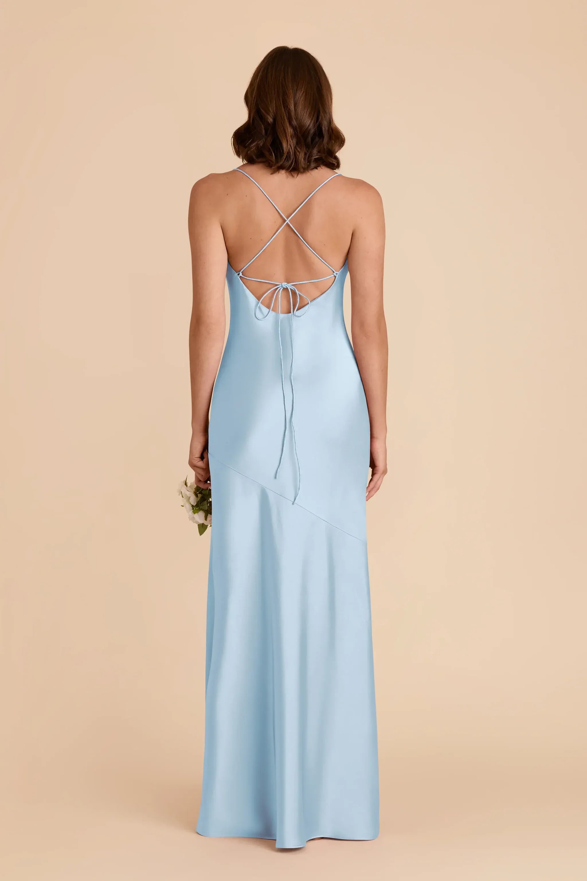 Dusty‑Sky‑Blue Satin Cowl‑Neck Crisscross‑Tie‑Back High‑Slit Mermaid Bridesmaid Dresses