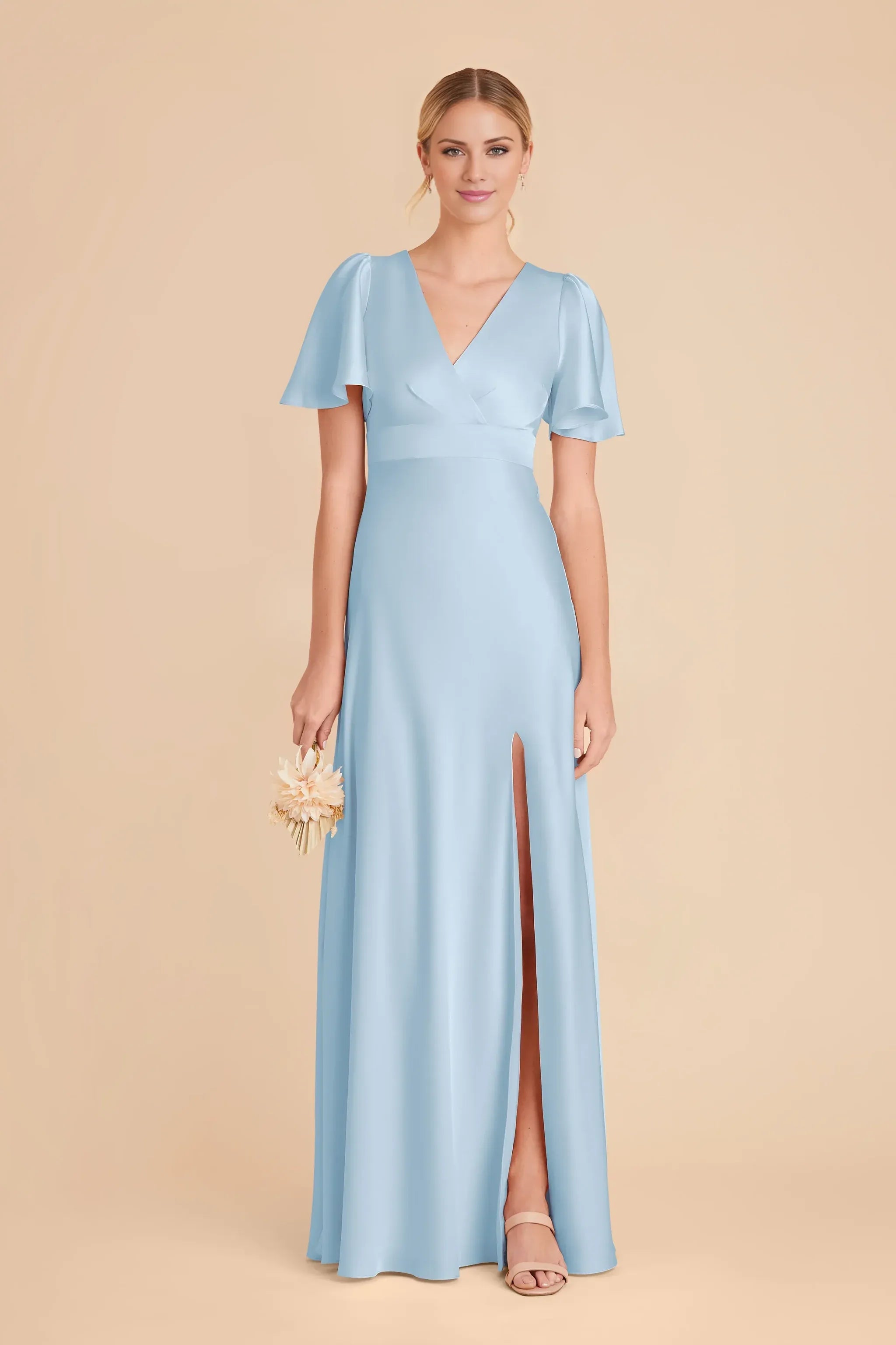 Dusty‑Sky‑Blue Satin Flutter‑Short‑Sleeve V‑Neck Empire‑Waist High‑Slit A‑Line Bridesmaid Dresses