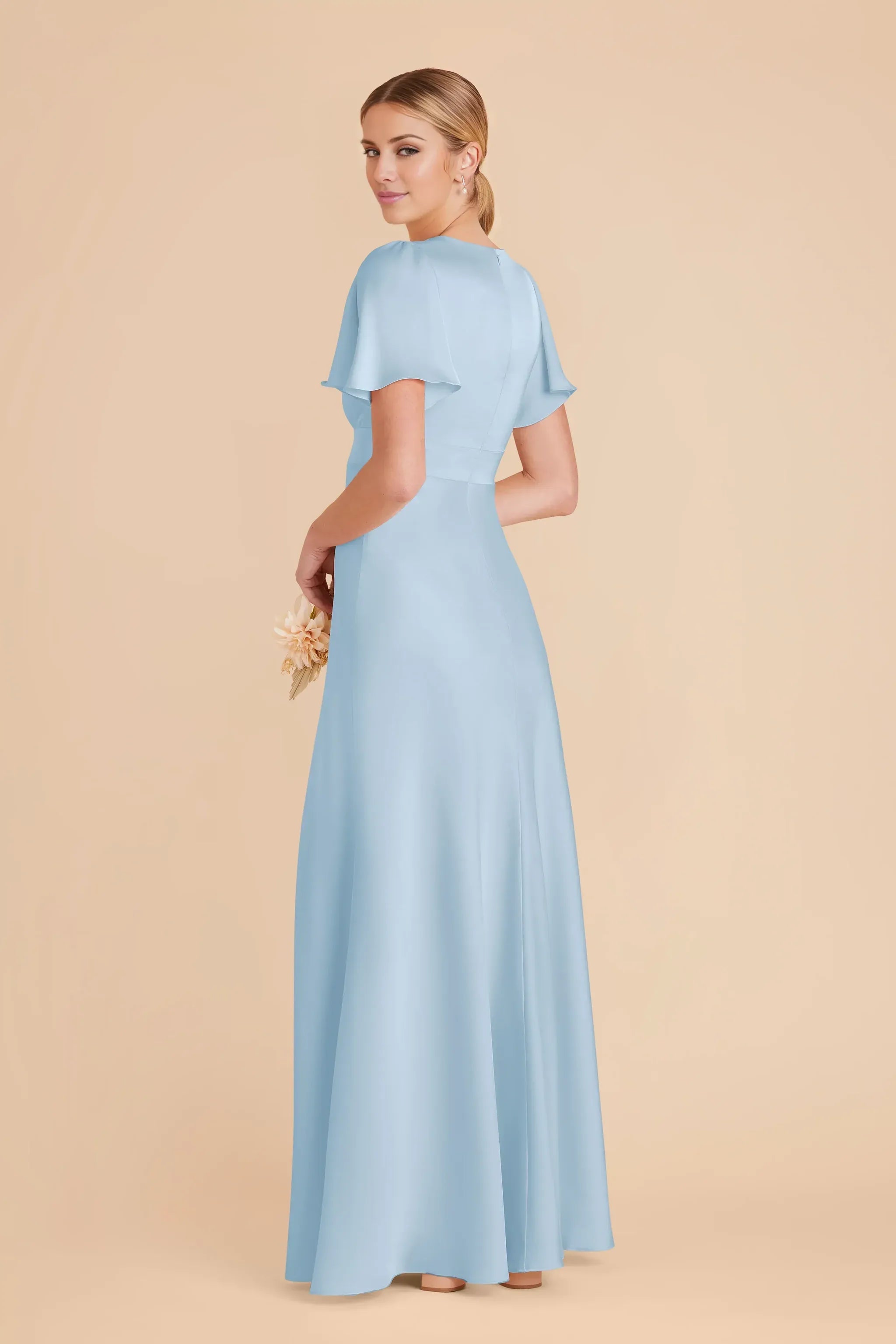 Dusty‑Sky‑Blue Satin Flutter‑Short‑Sleeve V‑Neck Empire‑Waist High‑Slit A‑Line Bridesmaid Dresses