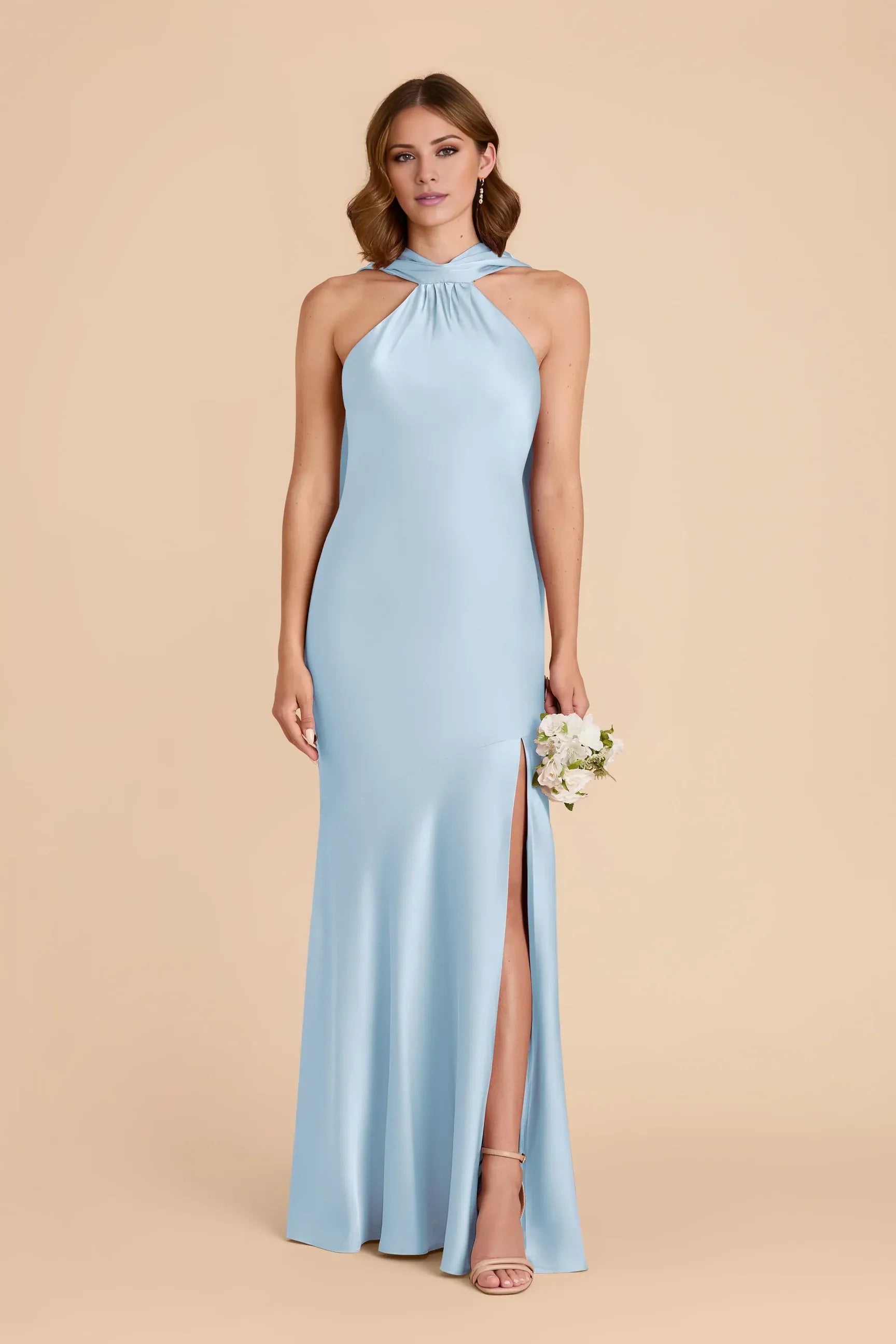 Dusty‑Sky‑Blue Satin Halter‑Neck Drape‑Back High‑Slit Mermaid Bridesmaid Dresses