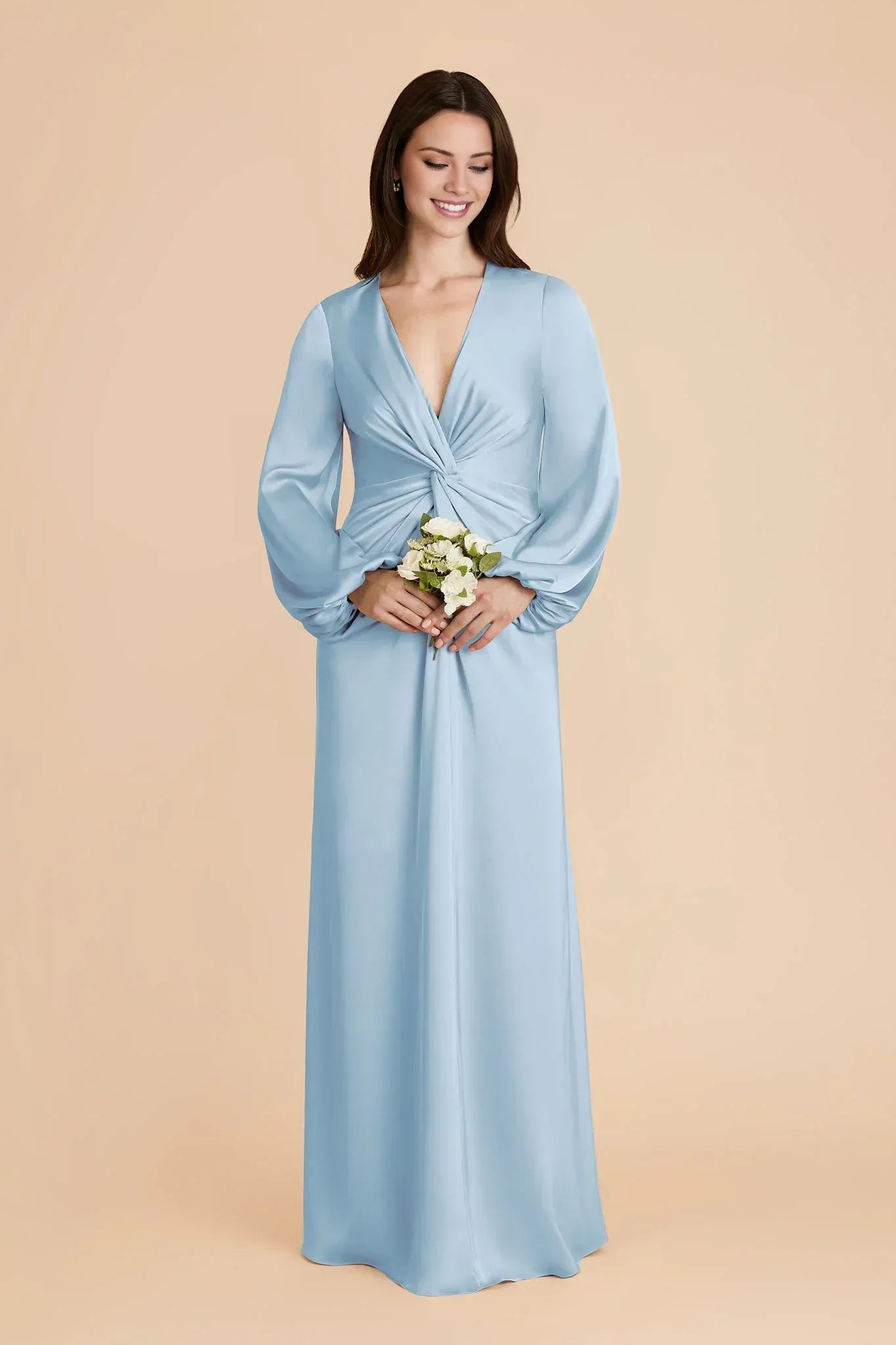 Elegant Sheath V-Neck Bishop Sleeve Closed Back Maxi Wedding Bridesmaid Dress