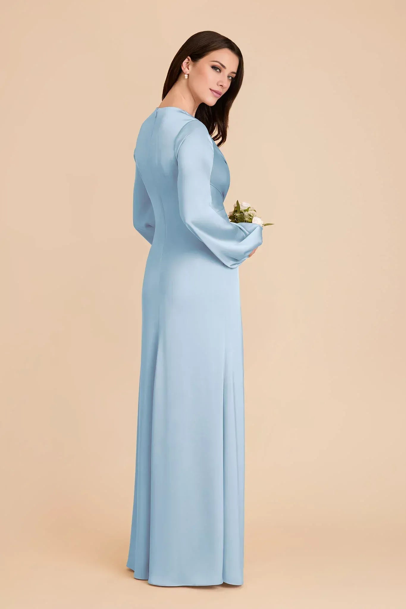 Elegant Sheath V-Neck Bishop Sleeve Closed Back Maxi Wedding Bridesmaid Dress