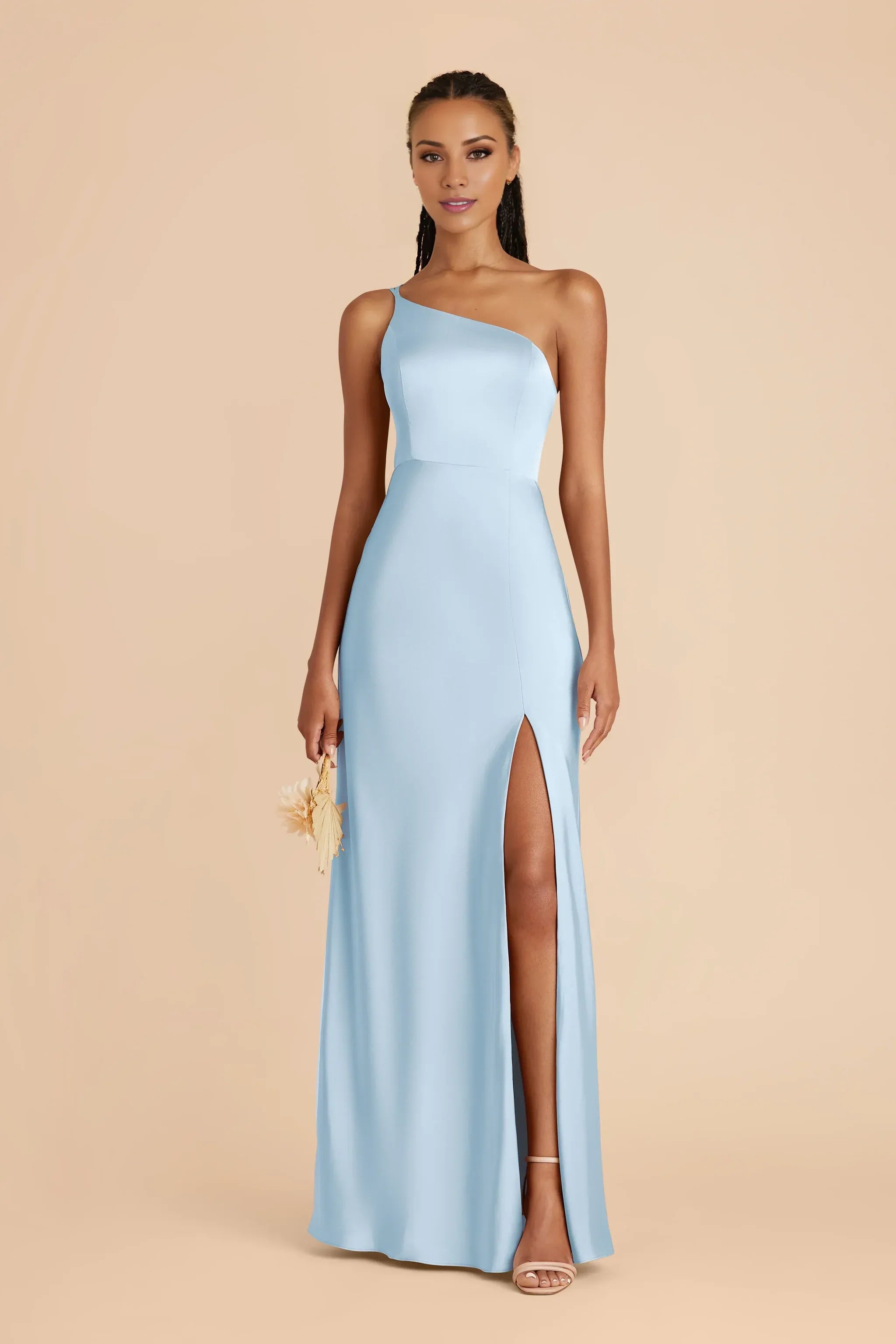 Dusty‑Sky‑Blue Satin One‑Shoulder Spaghetti‑Strap High‑Slit Mermaid Bridesmaid Dresses
