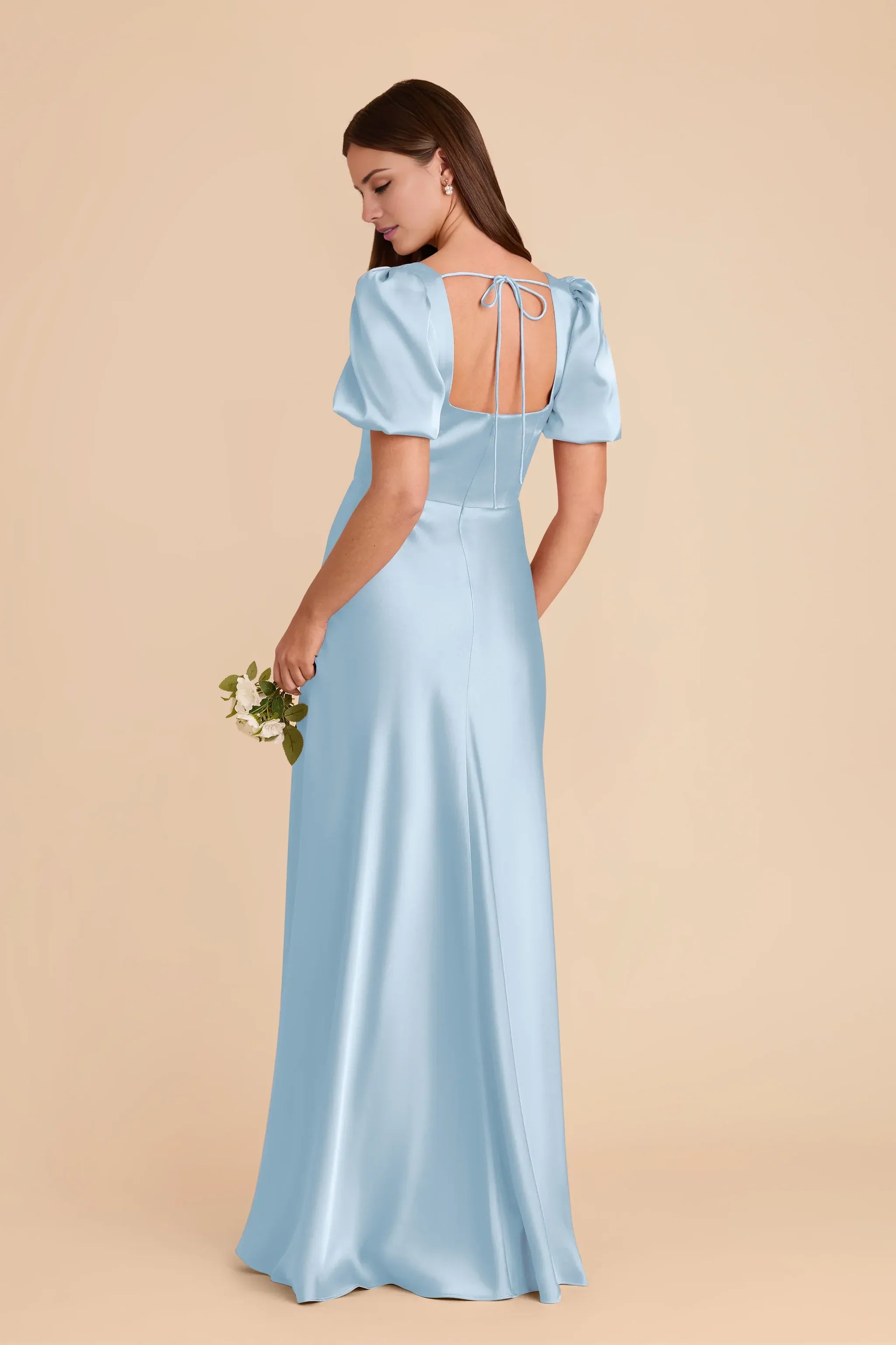 Dusty‑Sky‑Blue Satin Puff‑Short‑Sleeve Square‑Neck Tie‑Back High‑Slit A‑Line Bridesmaid Dresses