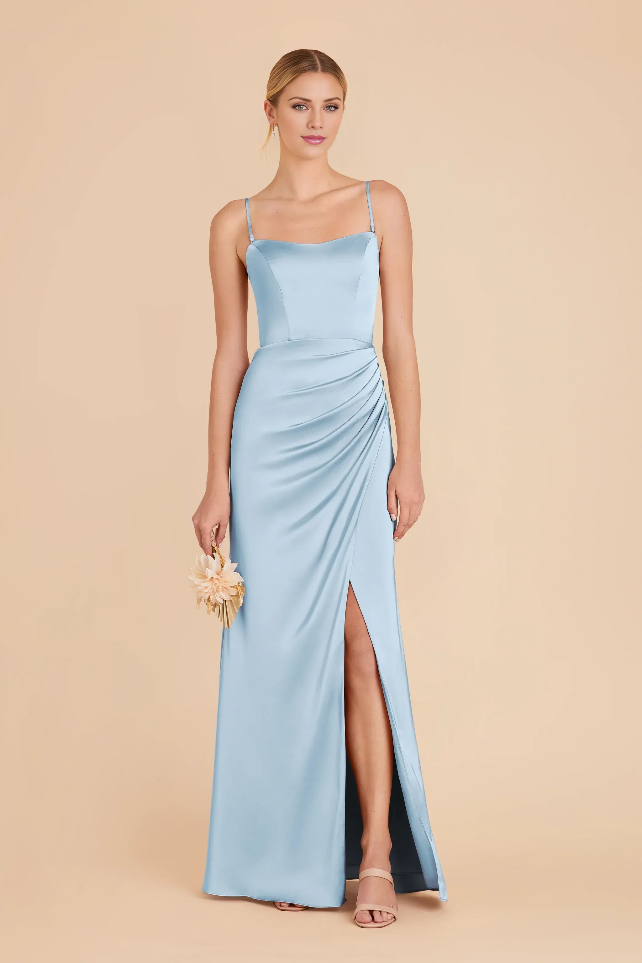 Dusty‑Sky‑Blue Satin Spaghetti‑Strap Cowl‑Neck Side‑Ruched High‑Slit Mermaid Bridesmaid Dresses