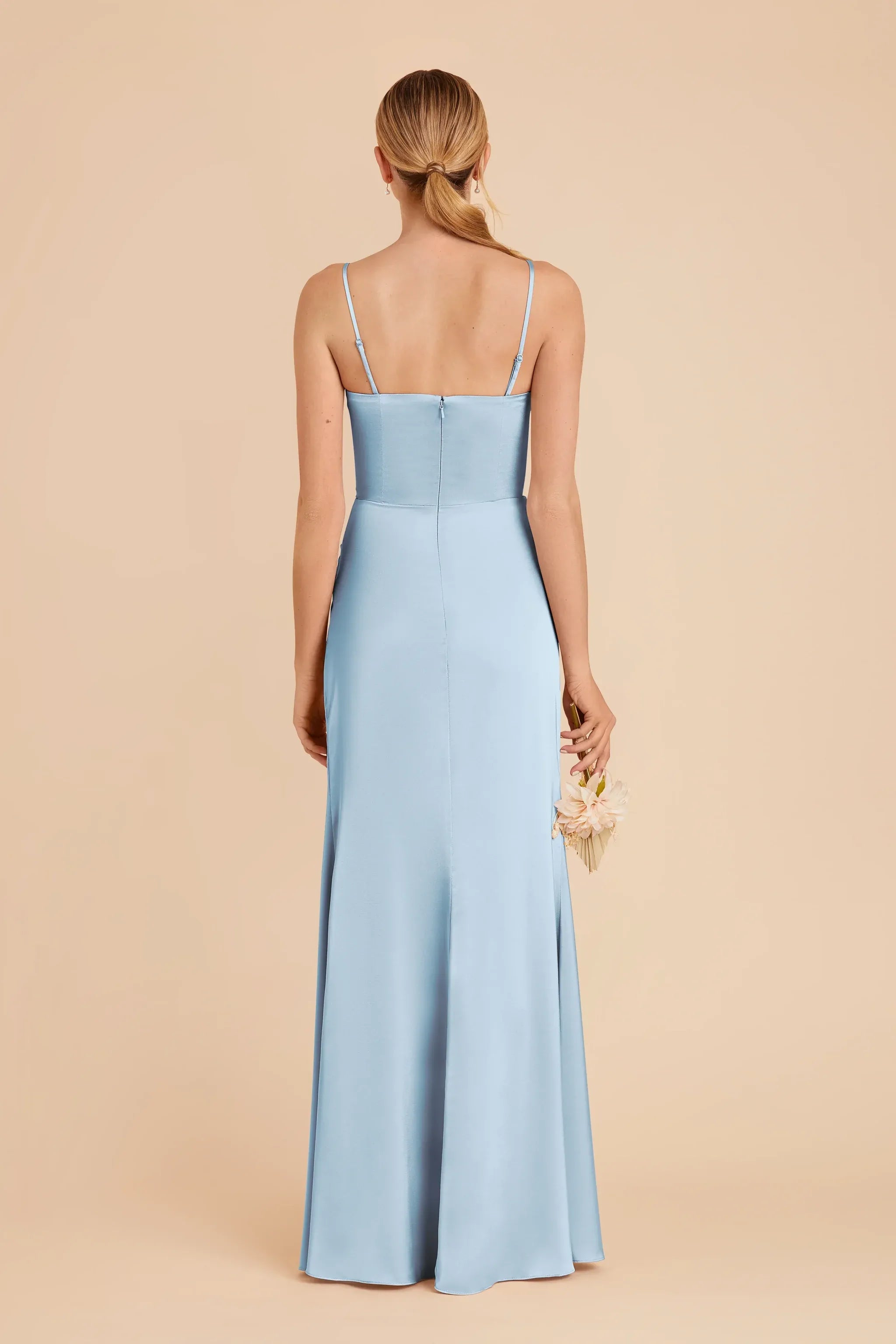 Dusty‑Sky‑Blue Satin Spaghetti‑Strap Cowl‑Neck Side‑Ruched High‑Slit Mermaid Bridesmaid Dresses
