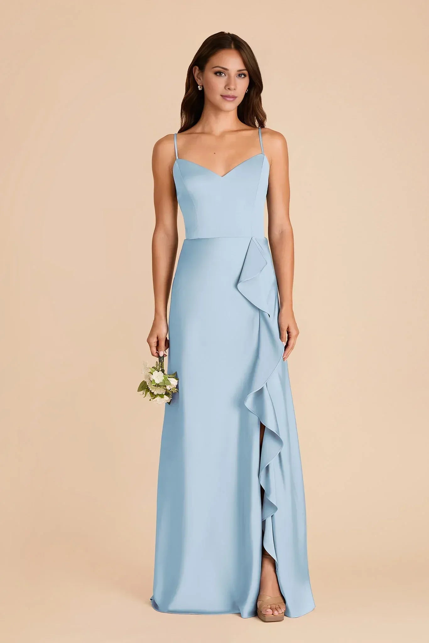 Dusty‑Sky‑Blue Satin Spaghetti‑Strap Sweetheart‑Neck Ruffle‑Trim High‑Slit Mermaid Bridesmaid Dresses