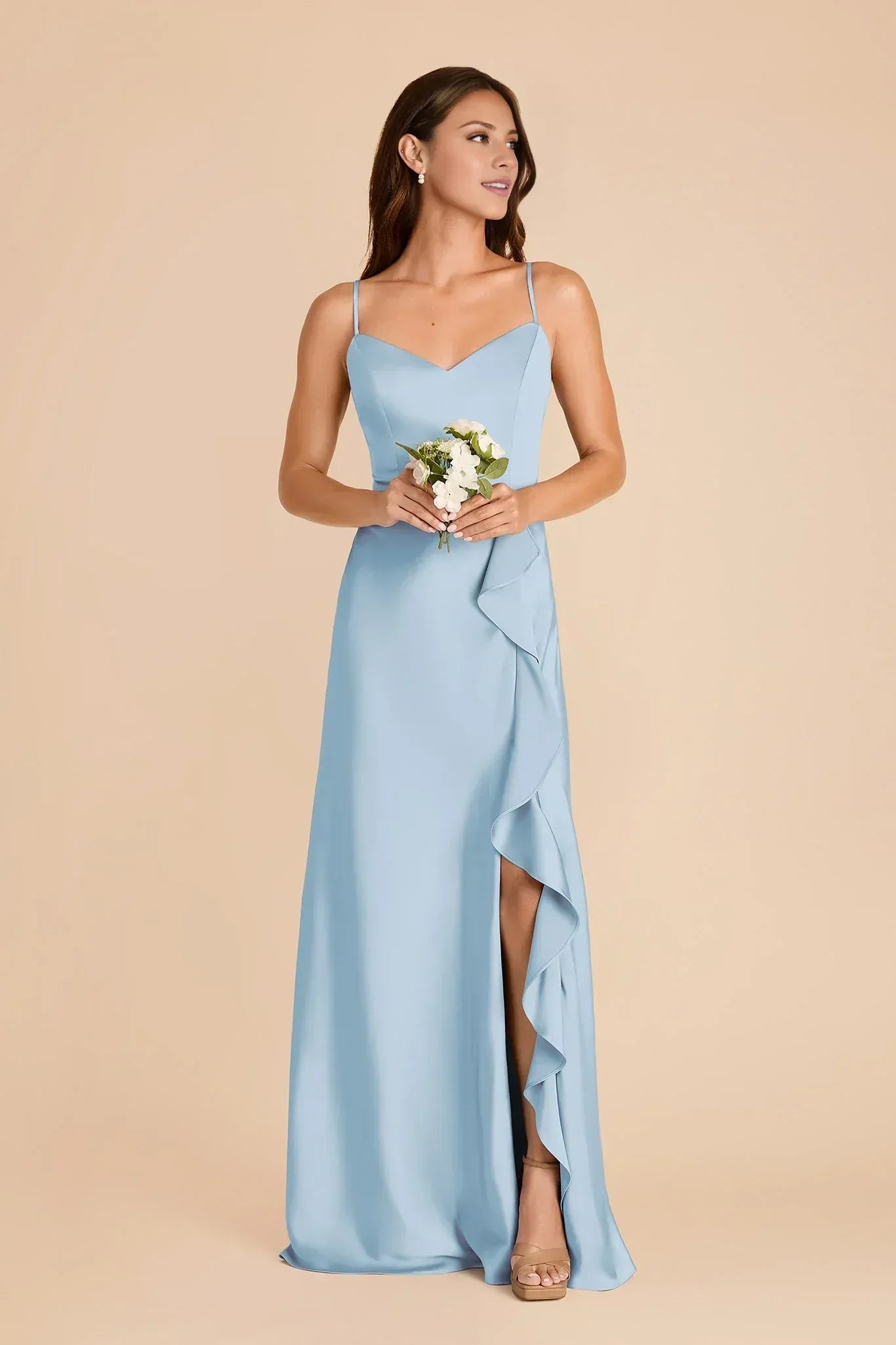 Dusty‑Sky‑Blue Satin Spaghetti‑Strap Sweetheart‑Neck Ruffle‑Trim High‑Slit Mermaid Bridesmaid Dresses