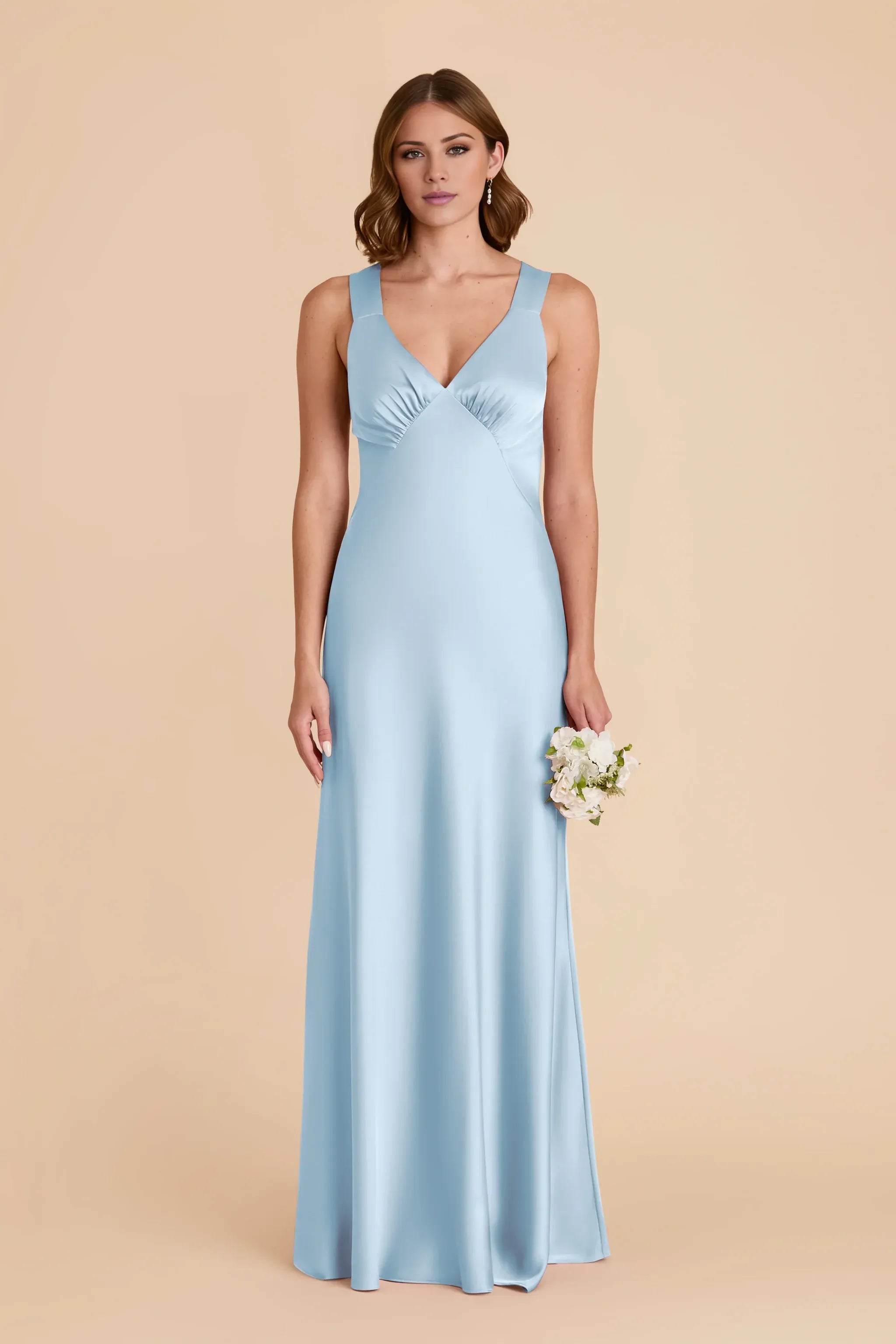 Dusty‑Sky‑Blue Satin Wide‑Strap V‑Neck Crisscross‑Back Mermaid Bridesmaid Dresses