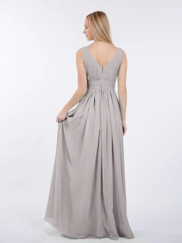 Dusty‑Taupe Chiffon Sleeveless Pleated‑V‑Neck Empire‑Waist A‑Line Bridesmaid Dresses
