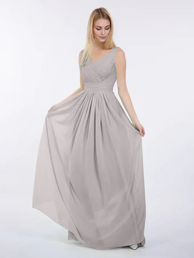 Dusty‑Taupe Chiffon Sleeveless Pleated‑V‑Neck Empire‑Waist A‑Line Bridesmaid Dresses