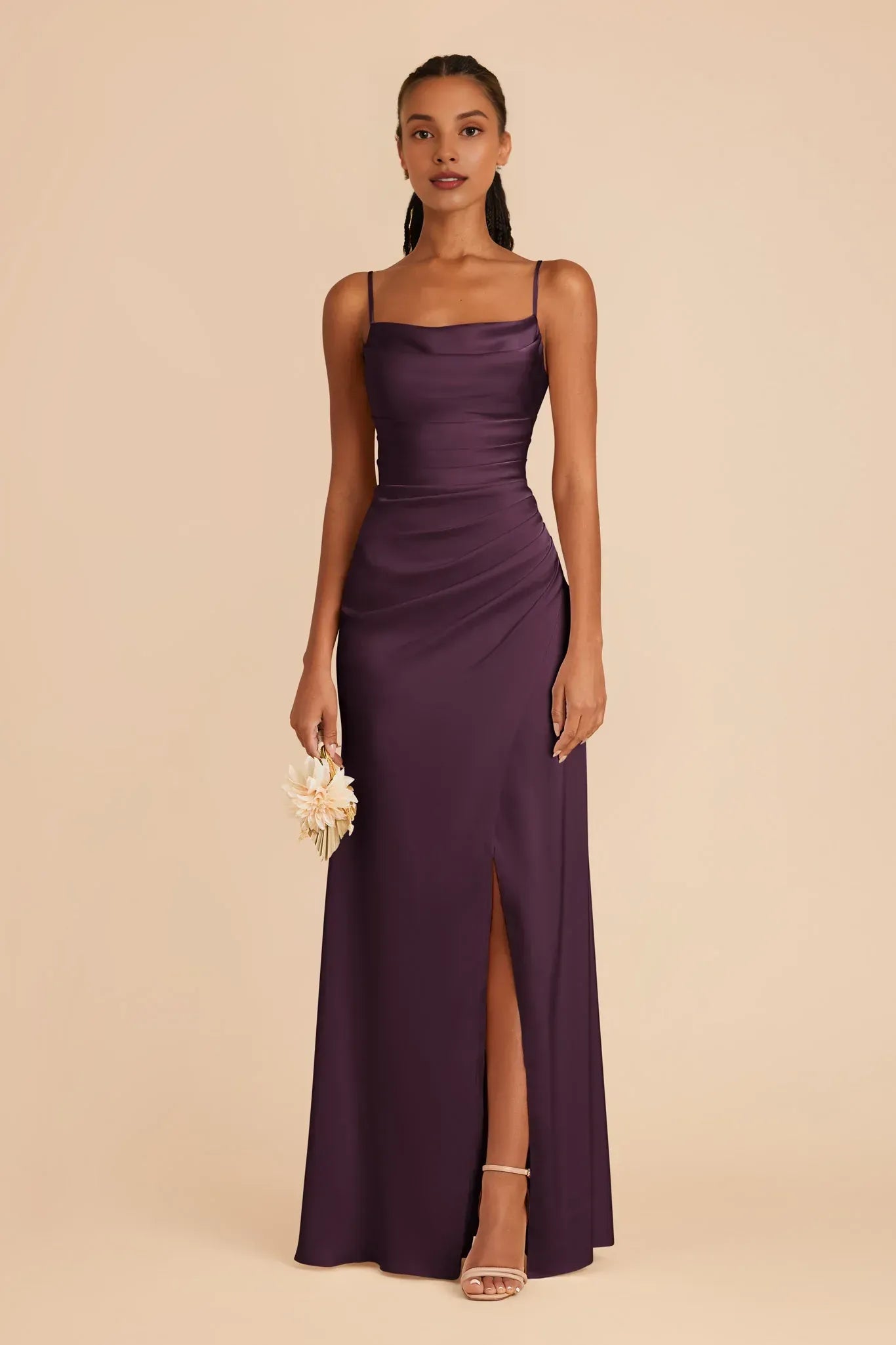 Eggplant‑Purple Satin Spaghetti‑Strap Cowl‑Neck High‑Slit Mermaid Bridesmaid Dresses