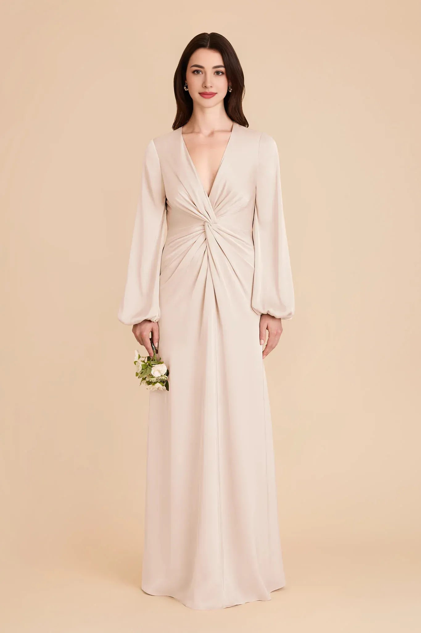 Elegant A Line Deep V Neck Puff Long Sleeve Plain Back Floor Length Wedding Bridesmaid Dress