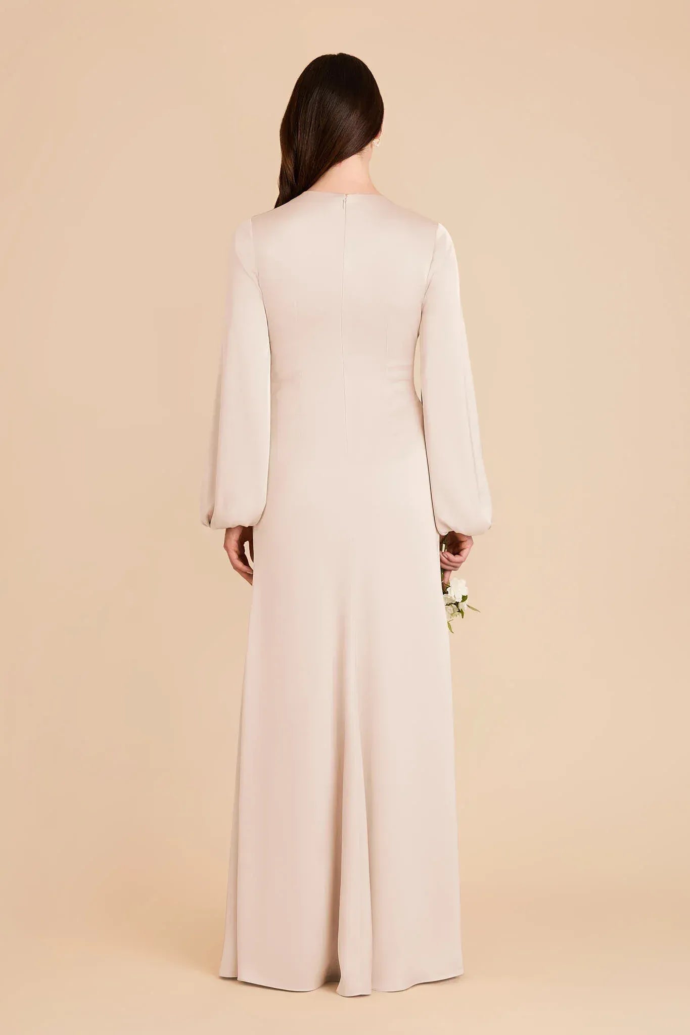 Elegant A Line Deep V Neck Puff Long Sleeve Plain Back Floor Length Wedding Bridesmaid Dress