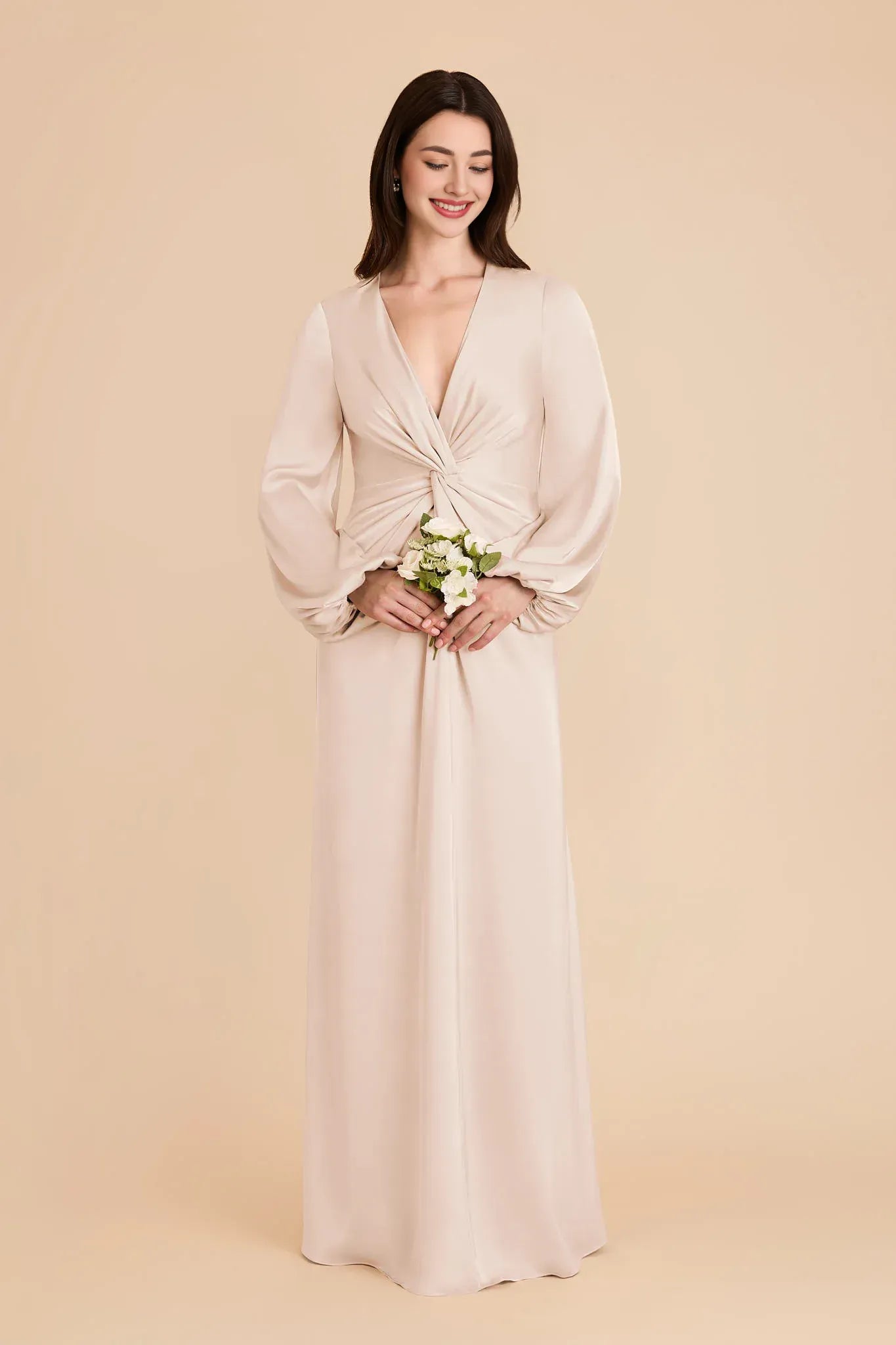 Elegant A Line Deep V Neck Puff Long Sleeve Plain Back Floor Length Wedding Bridesmaid Dress