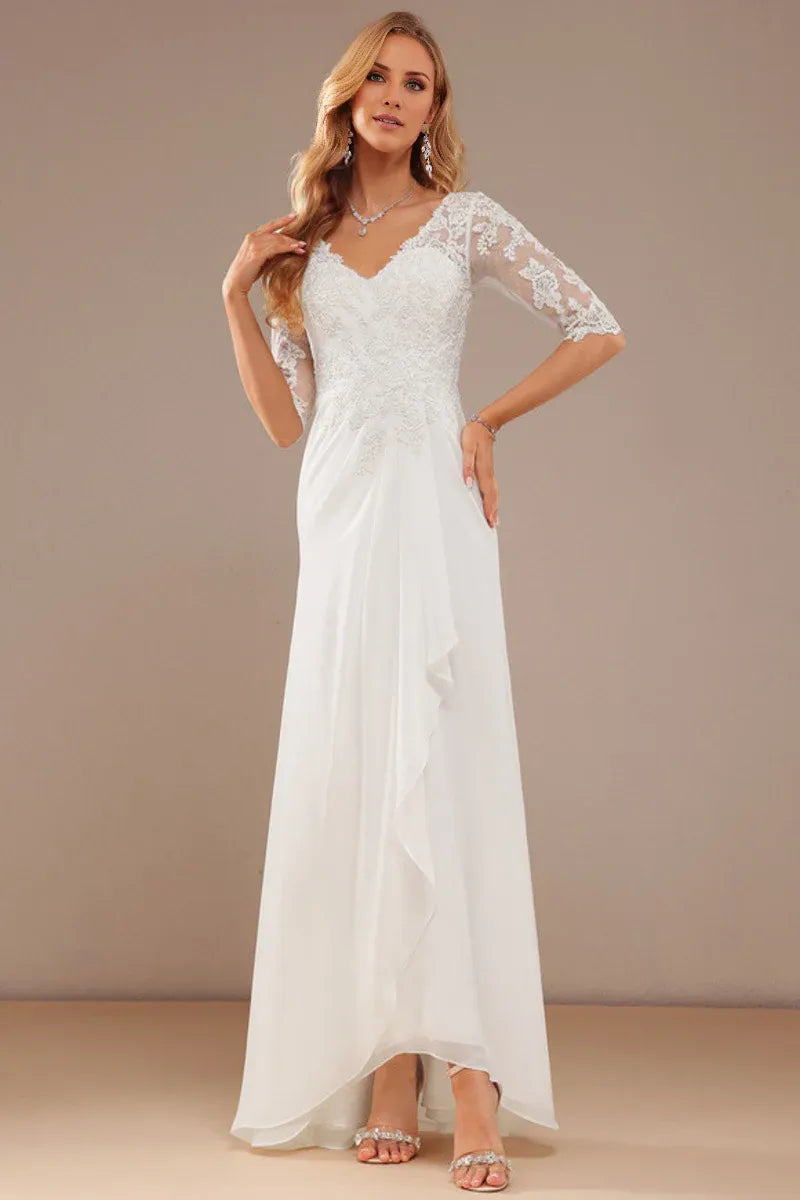 Elegant A‑Line Deep‑V Three‑Quarter‑Lace‑Sleeve Low‑V‑Back Asymmetrical‑Hem Chiffon Wedding Dresses For Formal Church Wedding