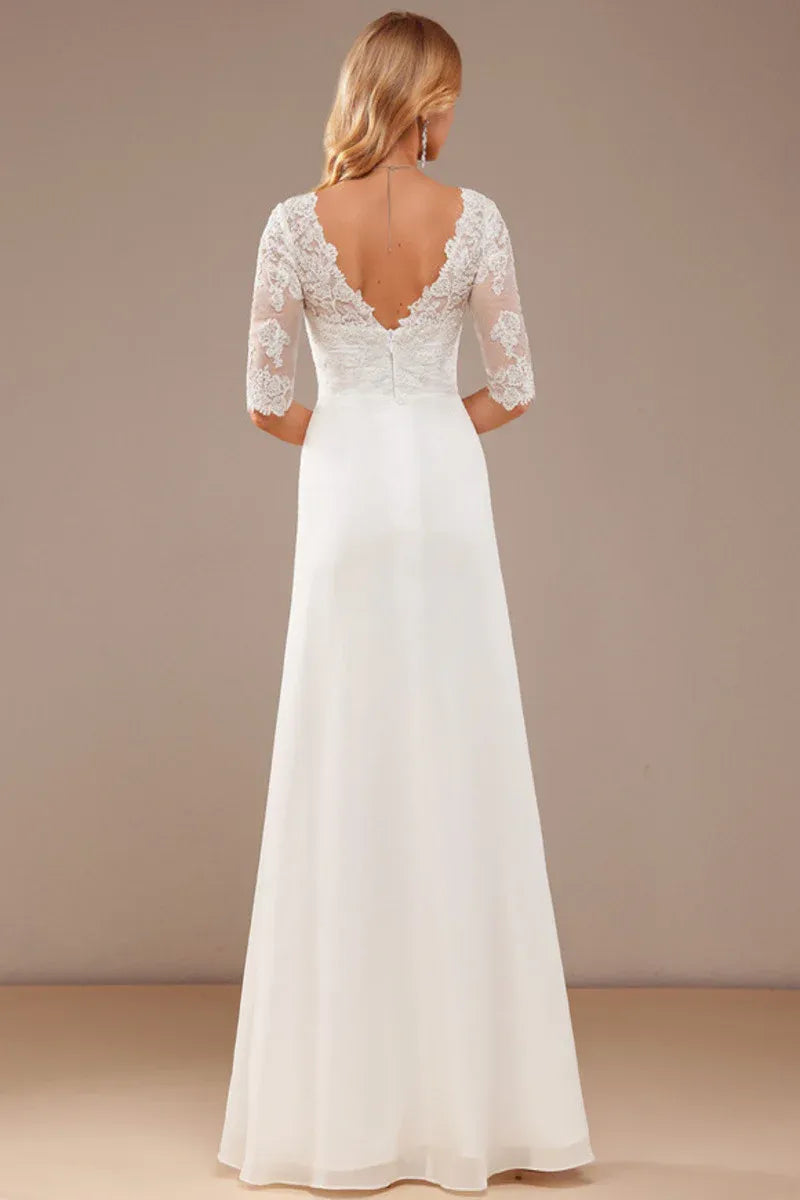 Elegant A‑Line Deep‑V Three‑Quarter‑Lace‑Sleeve Low‑V‑Back Asymmetrical‑Hem Chiffon Wedding Dresses For Formal Church Wedding