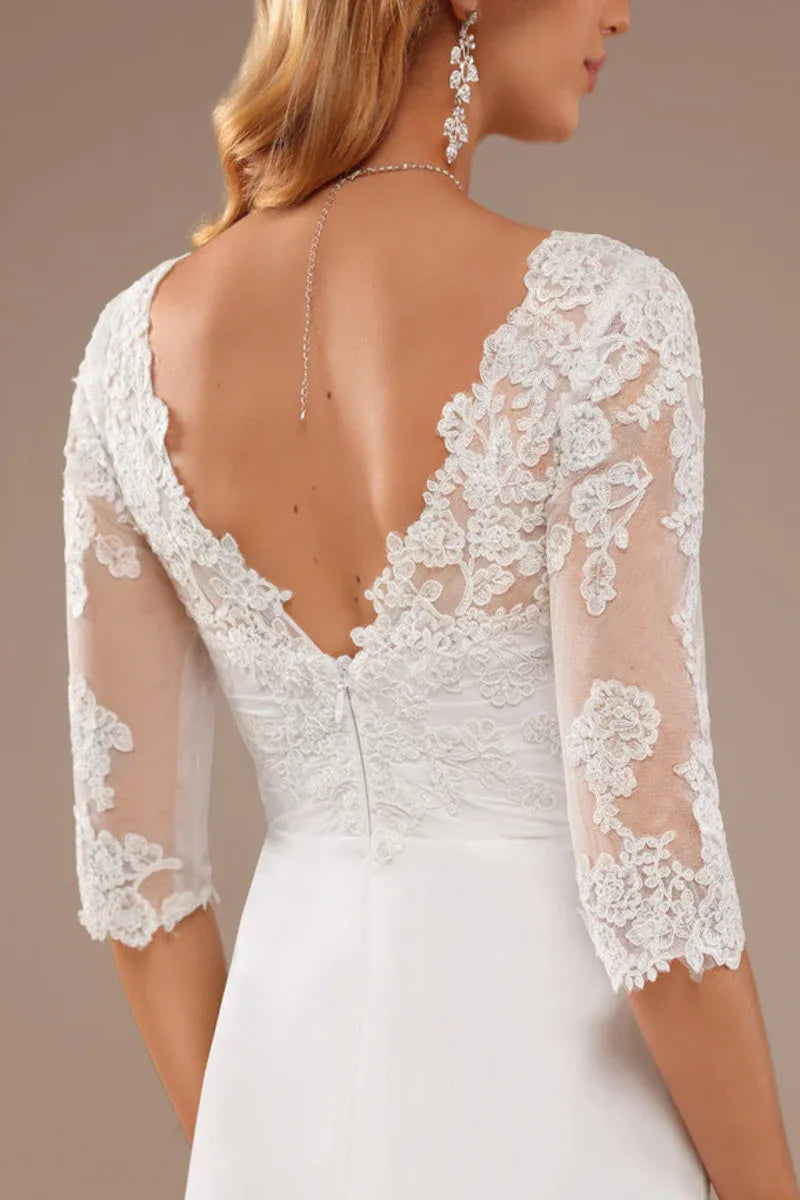 Elegant A‑Line Deep‑V Three‑Quarter‑Lace‑Sleeve Low‑V‑Back Asymmetrical‑Hem Chiffon Wedding Dresses For Formal Church Wedding