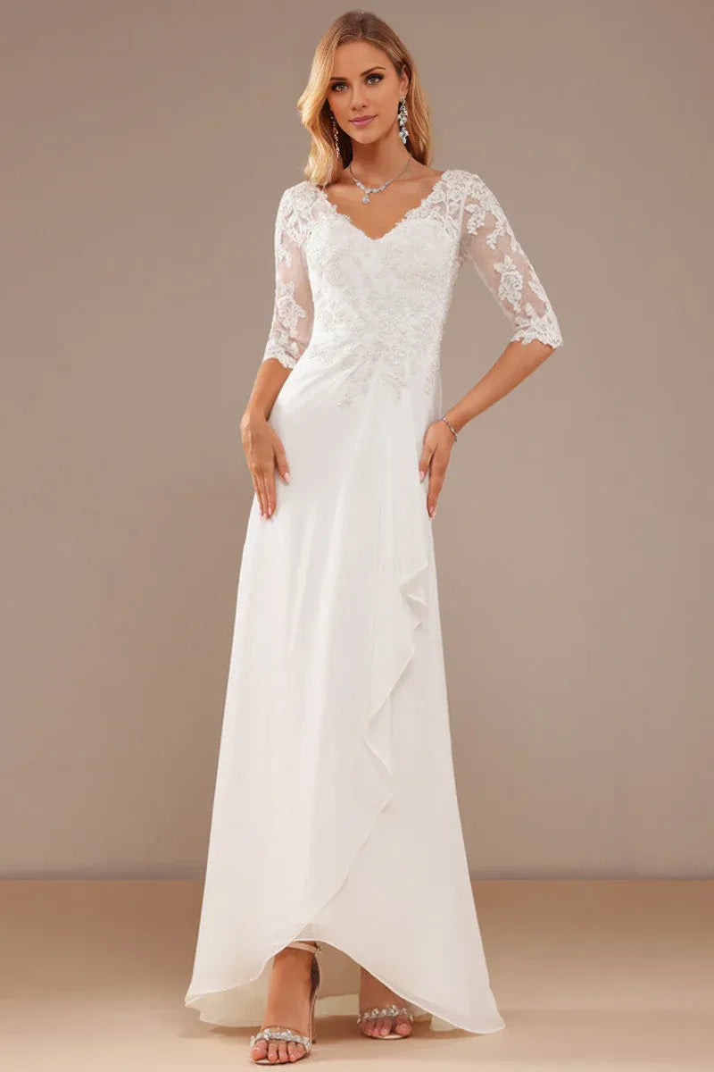 Elegant A‑Line Deep‑V Three‑Quarter‑Lace‑Sleeve Low‑V‑Back Asymmetrical‑Hem Chiffon Wedding Dresses For Formal Church Wedding