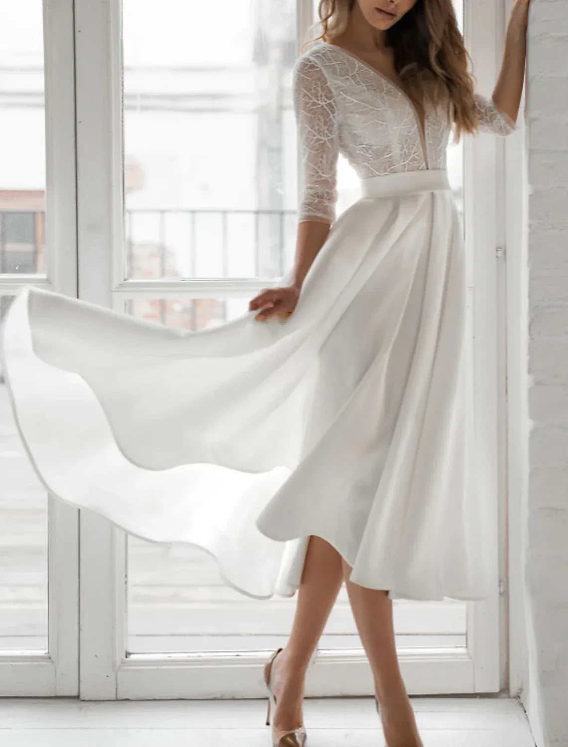 Elegant A-Line Deep V Three Quarter Open Back Midi Wedding Dress