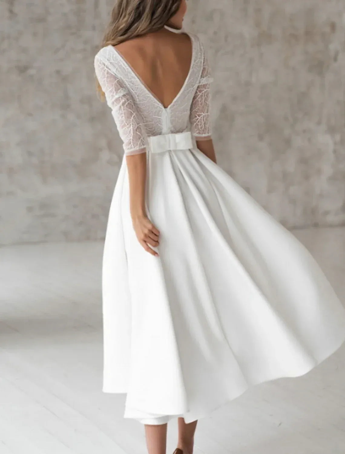 Elegant A-Line Deep V Three Quarter Open Back Midi Wedding Dress