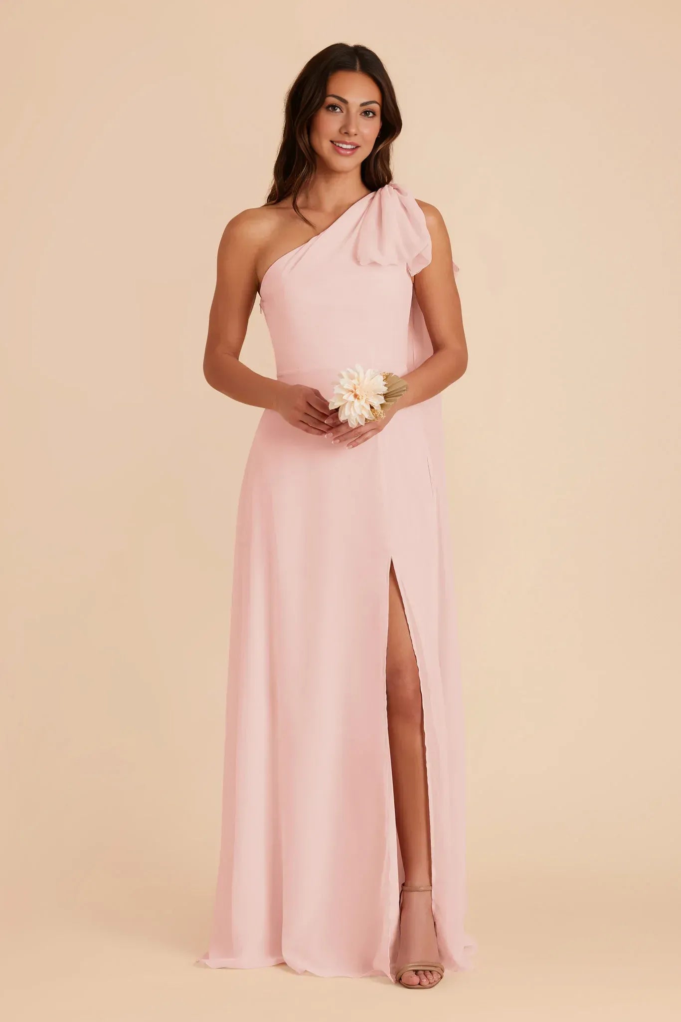 Elegant A Line One Shoulder Bow Strap Plain Back Floor Length Wedding Bridesmaid Dress