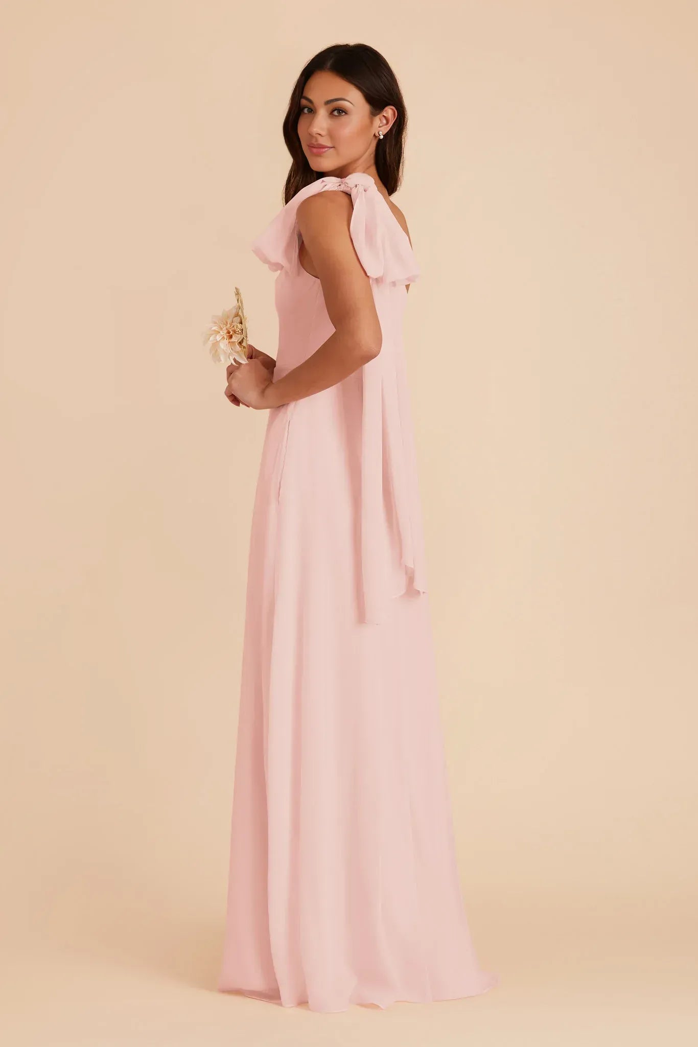 Elegant A Line One Shoulder Bow Strap Plain Back Floor Length Wedding Bridesmaid Dress