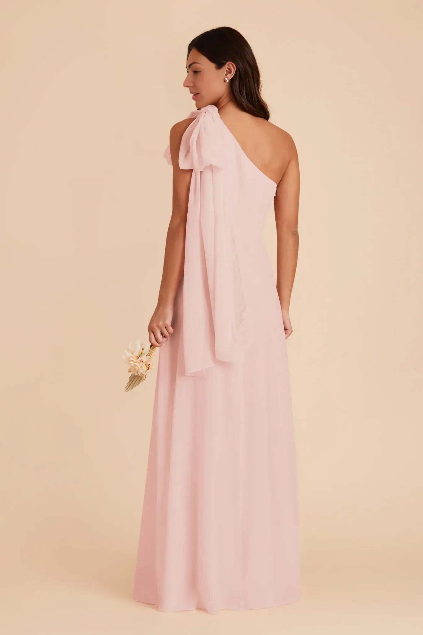 Elegant A Line One Shoulder Bow Strap Plain Back Floor Length Wedding Bridesmaid Dress