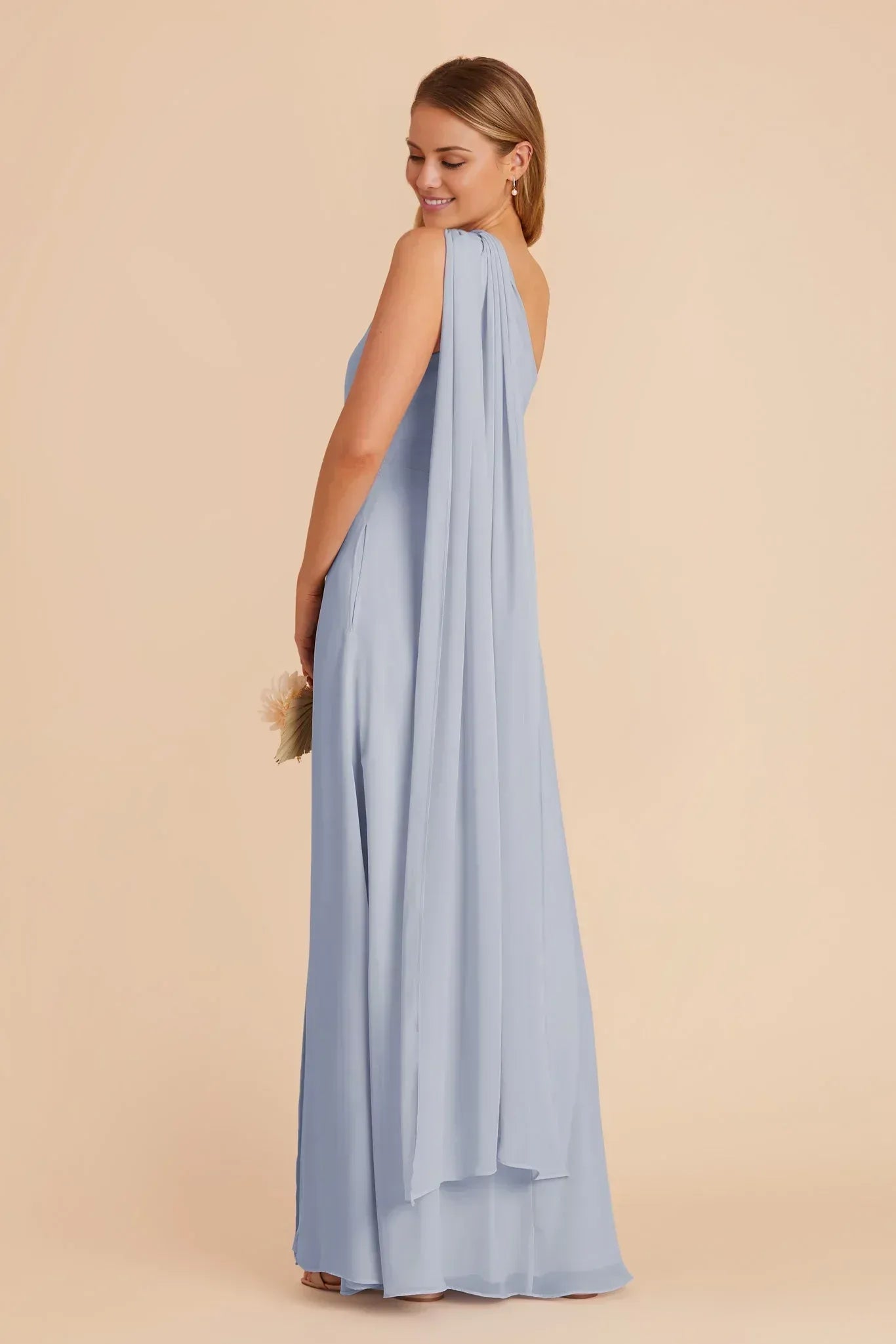 Elegant A Line One Shoulder Cape Sleeve Open Back Floor Length Wedding Bridesmaid Dress