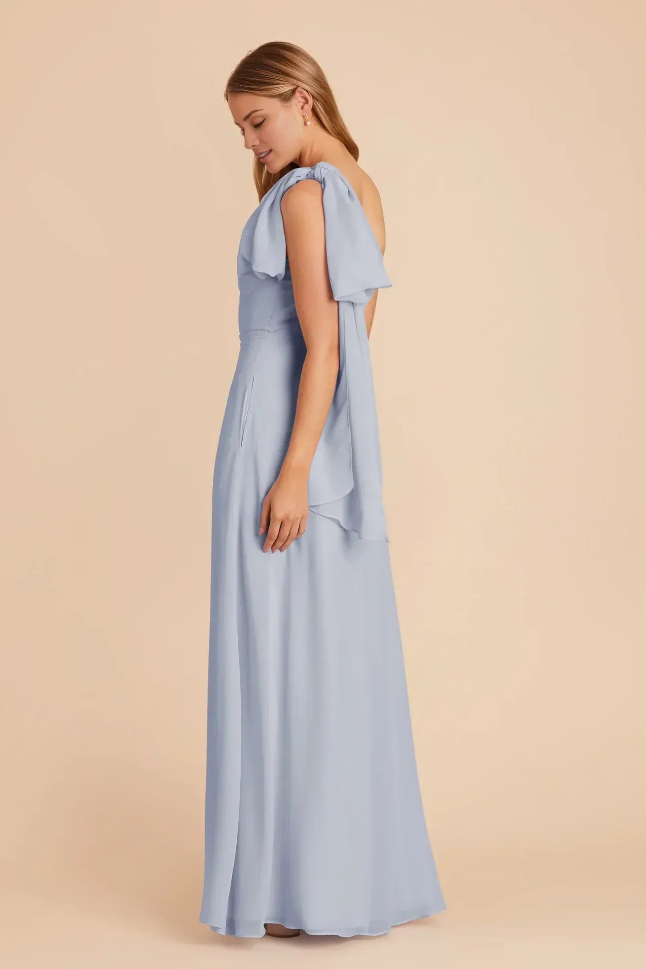 Elegant A Line One Shoulder Cape Sleeve Open Back Floor Length Wedding Bridesmaid Dress