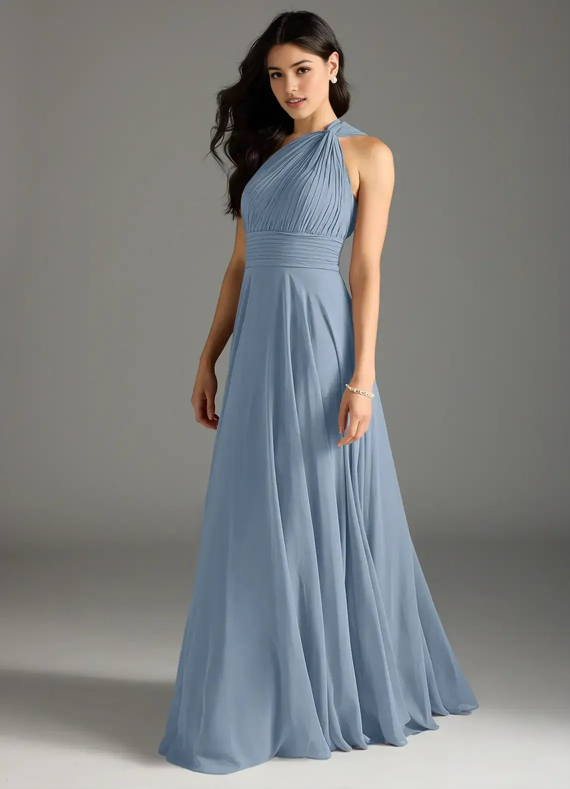 Elegant A-Line One-Shoulder Pleated-Bust Keyhole-Back Floor-Length Wedding Bridesmaid Dress