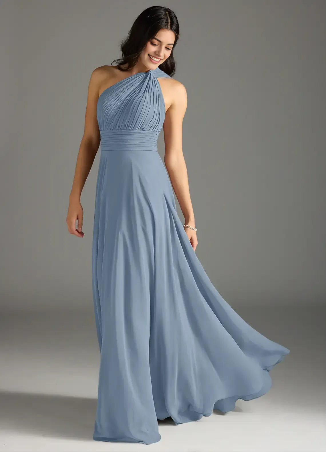 Elegant A-Line One-Shoulder Pleated-Bust Keyhole-Back Floor-Length Wedding Bridesmaid Dress