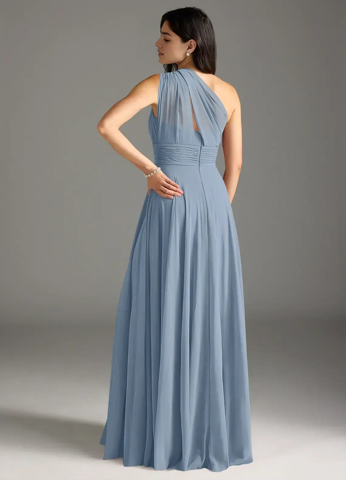 Elegant A-Line One-Shoulder Pleated-Bust Keyhole-Back Floor-Length Wedding Bridesmaid Dress