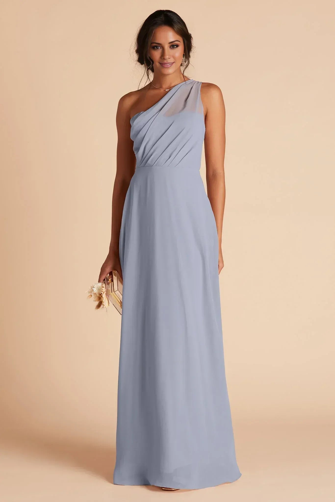 Elegant A Line One Shoulder Sleeveless Sheer Back Floor Length Wedding Bridesmaid Dress