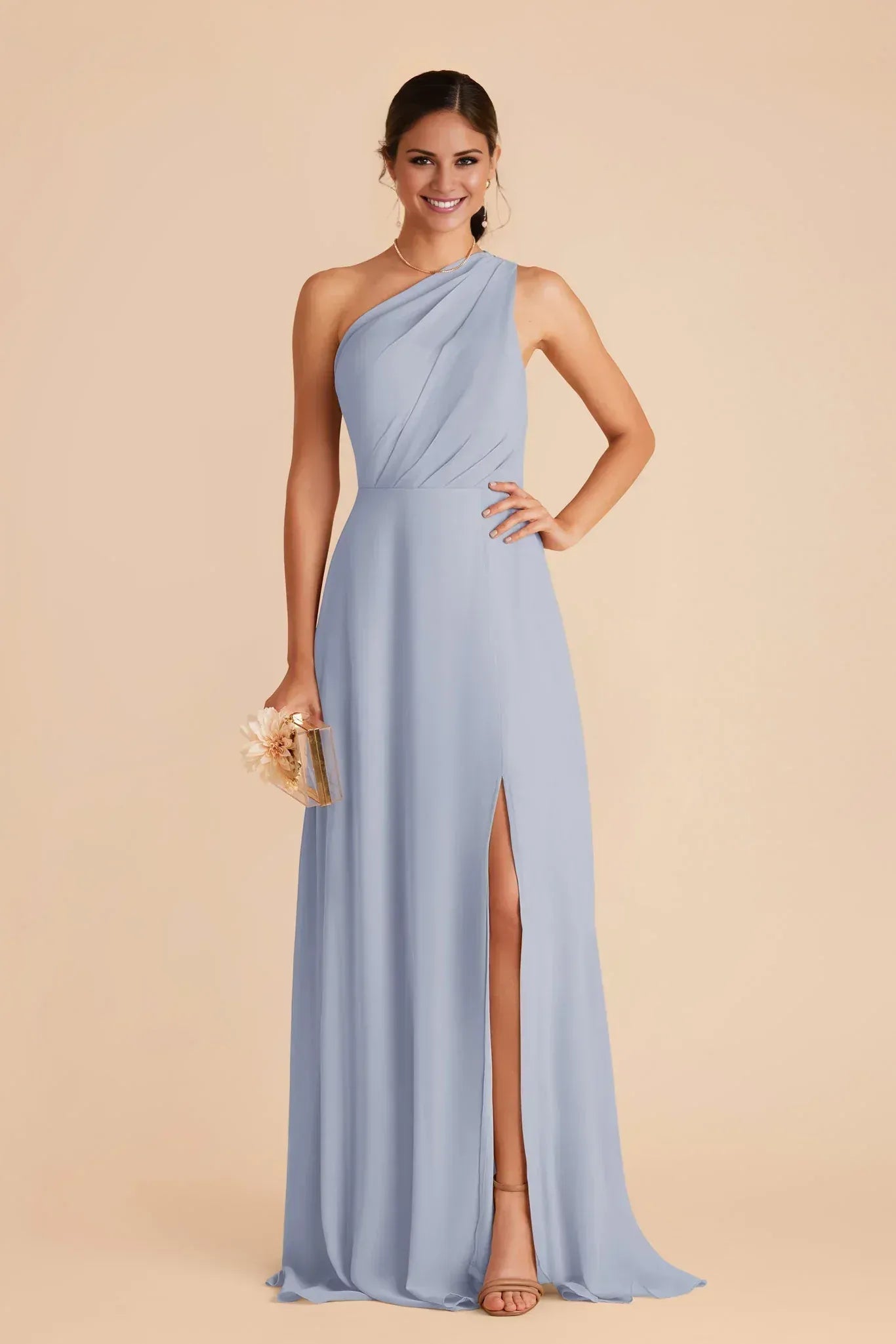 Elegant A-Line One Shoulder Sleeveless Sheer Back Maxi Wedding Bridesmaid Dress