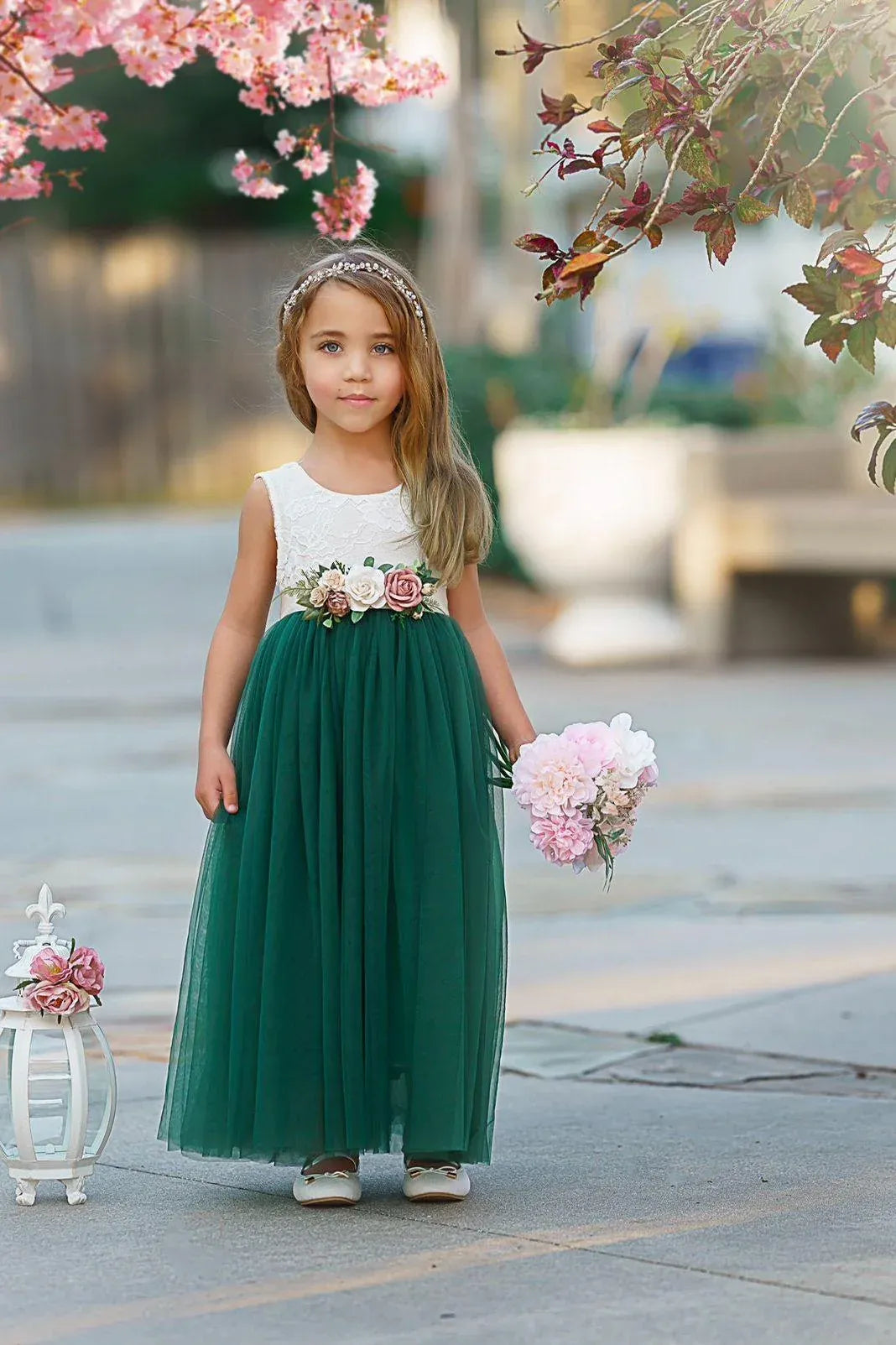 Elegant A-Line Round Neck Sleeveless Waist Floral Floor-Length Outdoor Flower Girl Dress