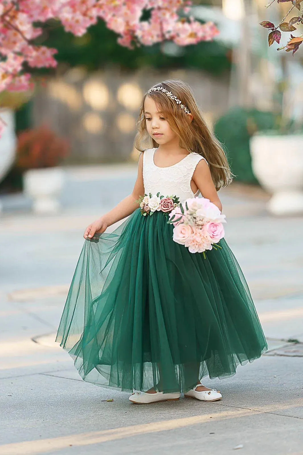 Elegant A-Line Round Neck Sleeveless Waist Floral Floor-Length Outdoor Flower Girl Dress