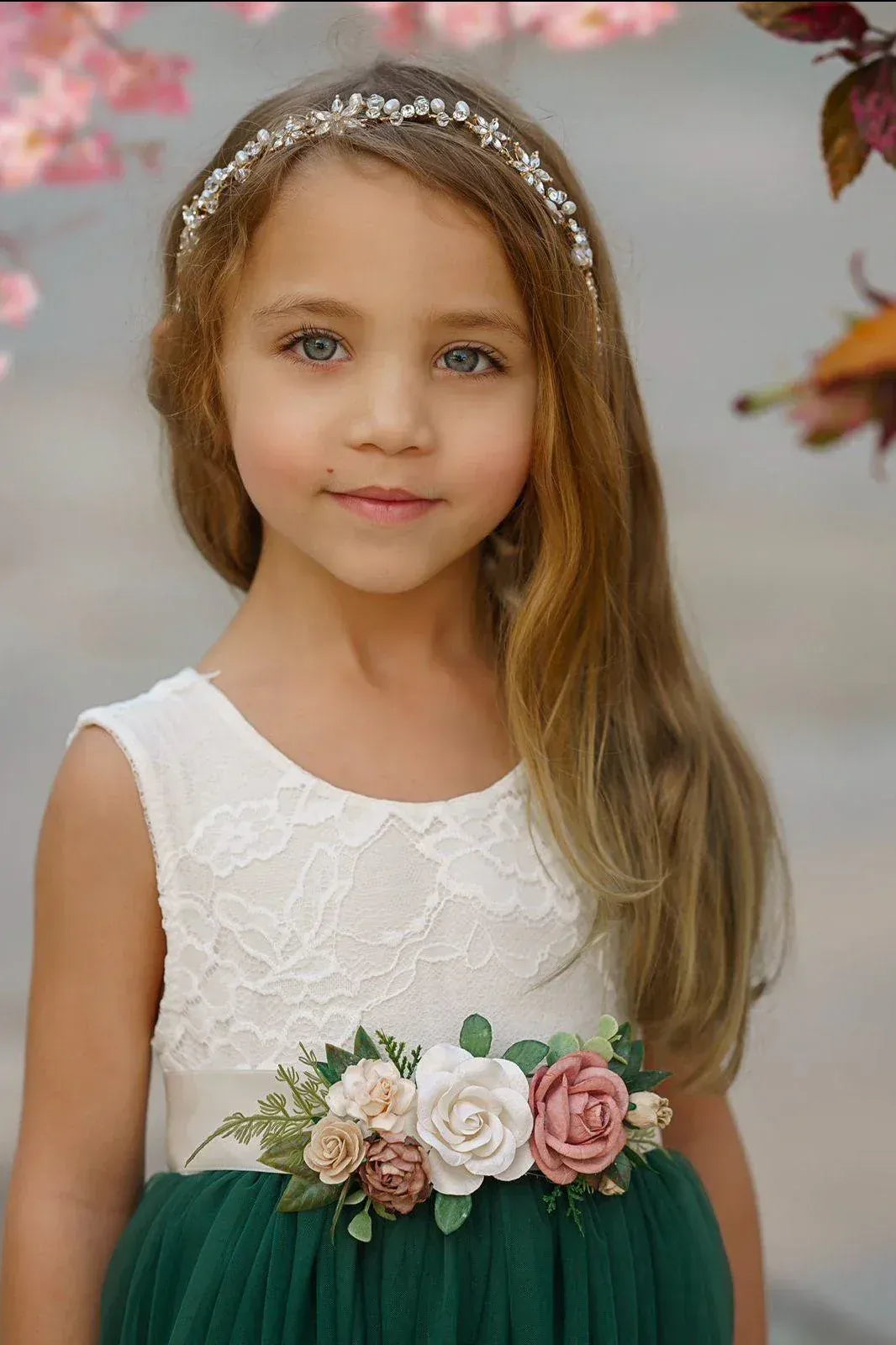 Elegant A-Line Round Neck Sleeveless Waist Floral Floor-Length Outdoor Flower Girl Dress