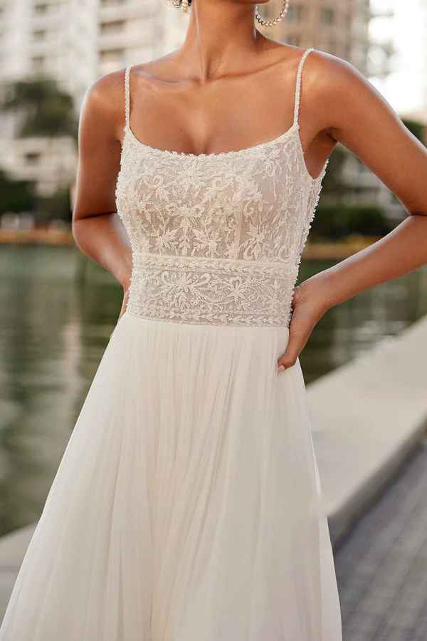 Elegant A-Line Scoop Spaghetti-Strap Low-Back Slit-Floor Wedding Dresses For Beach Wedding