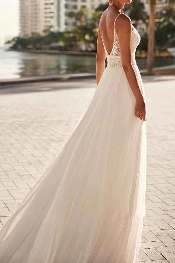 Elegant A-Line Scoop Spaghetti-Strap Low-Back Slit-Floor Wedding Dresses For Beach Wedding