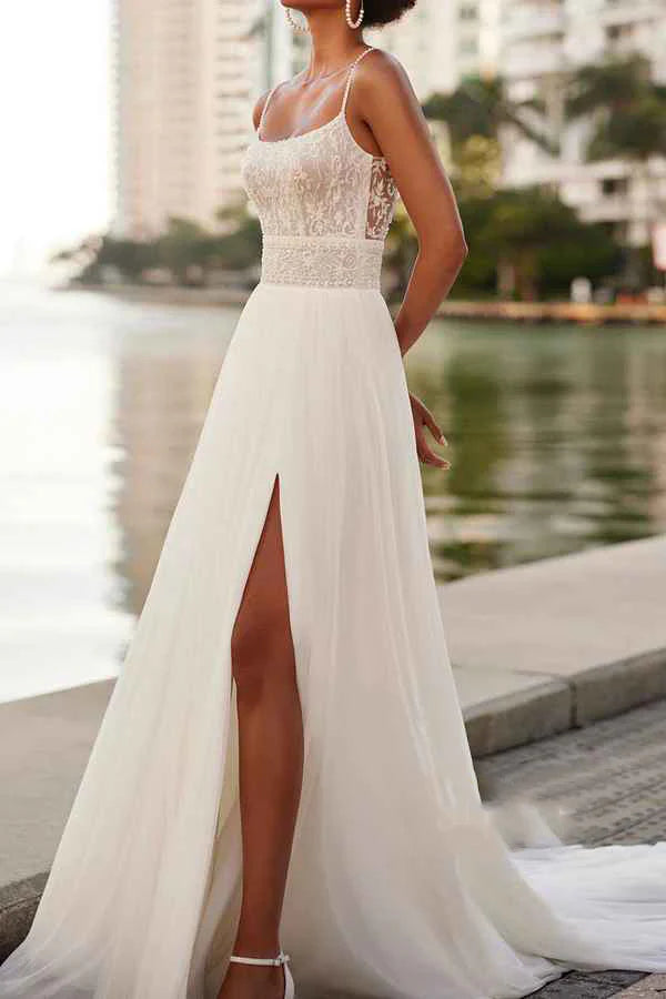 Elegant A-Line Scoop Spaghetti-Strap Low-Back Slit-Floor Wedding Dresses For Beach Wedding