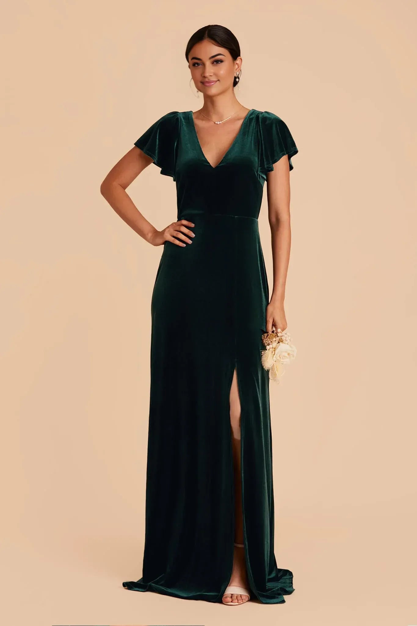 Elegant A Line V Neck Flutter Sleeve Deep V Back Floor Length Wedding Bridesmaid Dress