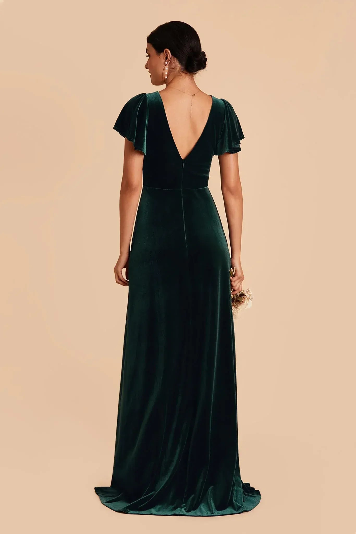 Elegant A Line V Neck Flutter Sleeve Deep V Back Floor Length Wedding Bridesmaid Dress