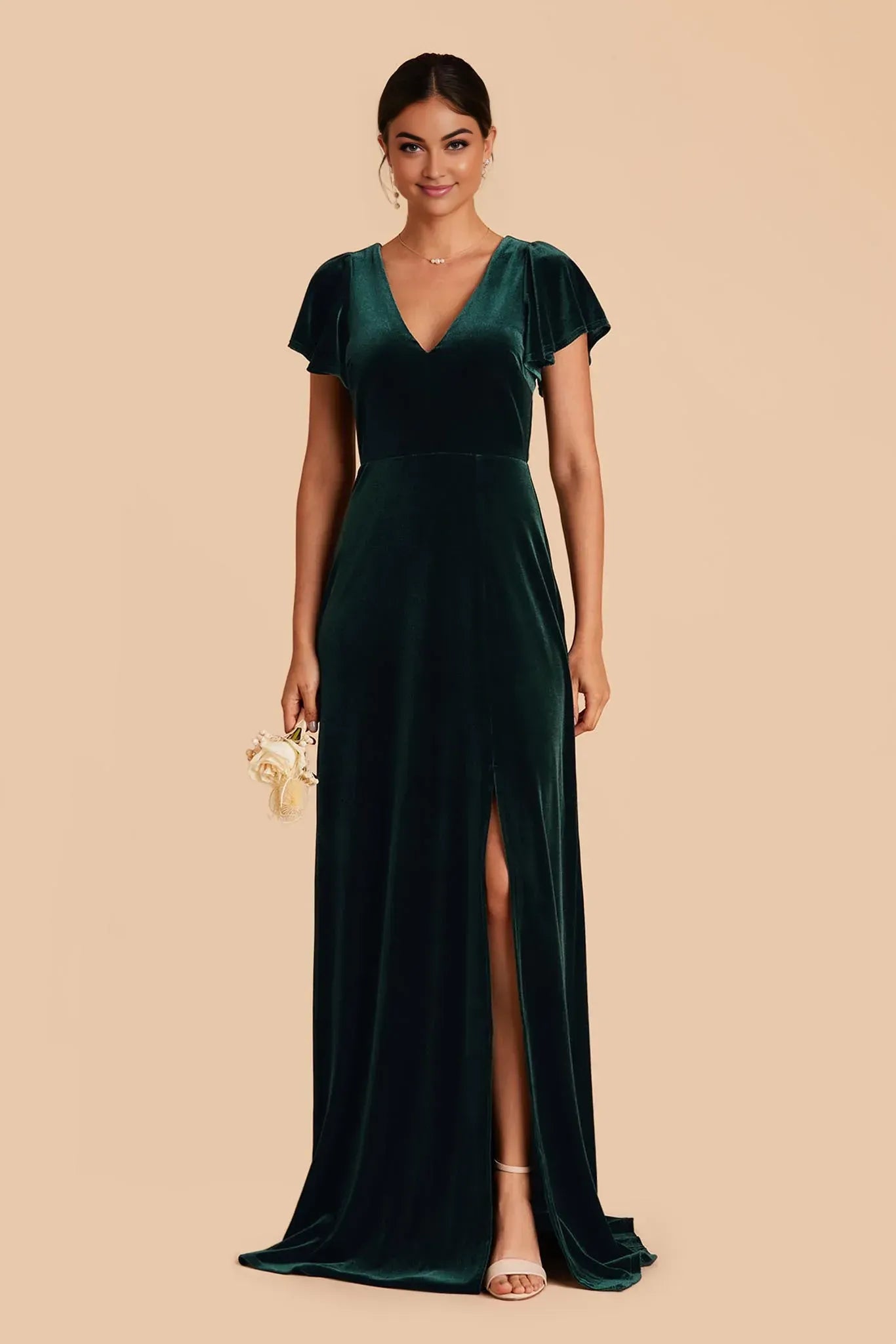 Elegant A Line V Neck Flutter Sleeve Deep V Back Floor Length Wedding Bridesmaid Dress