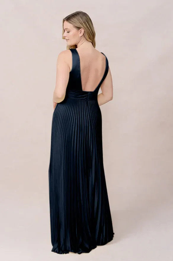Elegant A-Line V-Neck Sleeveless Low Back Pleated Floor-Length Bridesmaid Dress