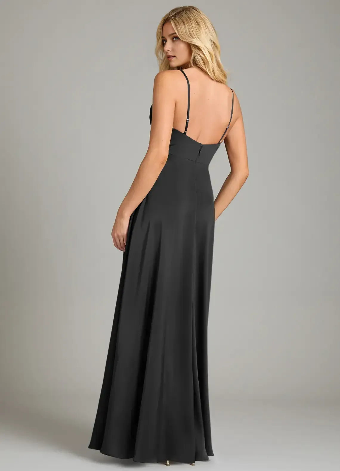 Elegant Black A-Line Cowl Neck Spaghetti Strap Low-Back Slit Maxi Bridesmaid Dress