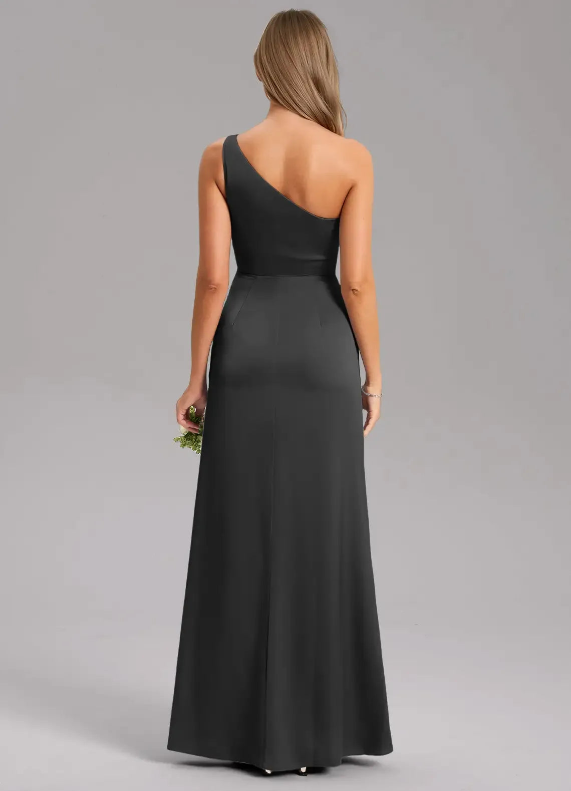 Elegant Black One Shoulder High Slit Floor Length Satin Bridesmaid Dress