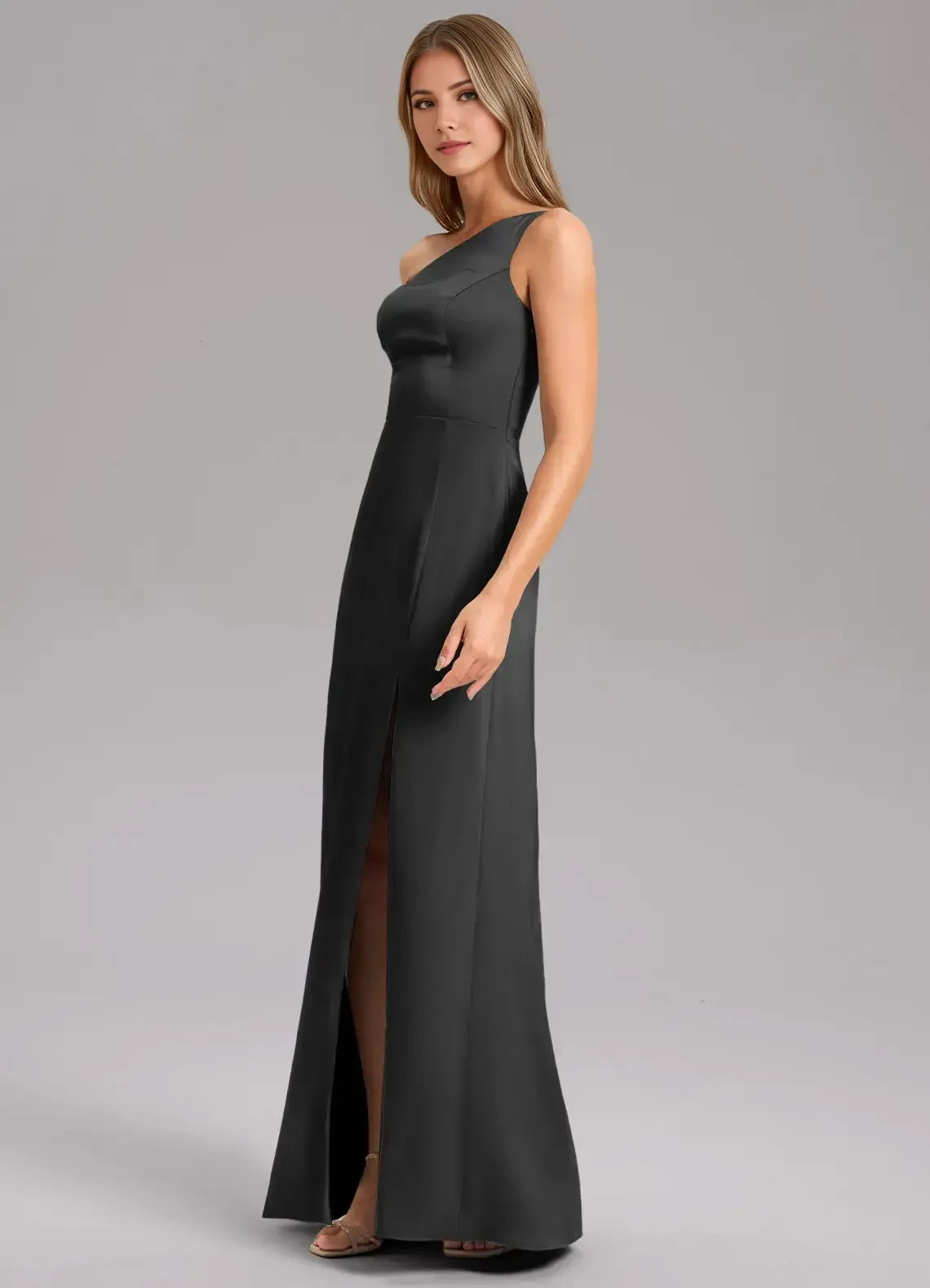 Elegant Black One Shoulder High Slit Floor Length Satin Bridesmaid Dress