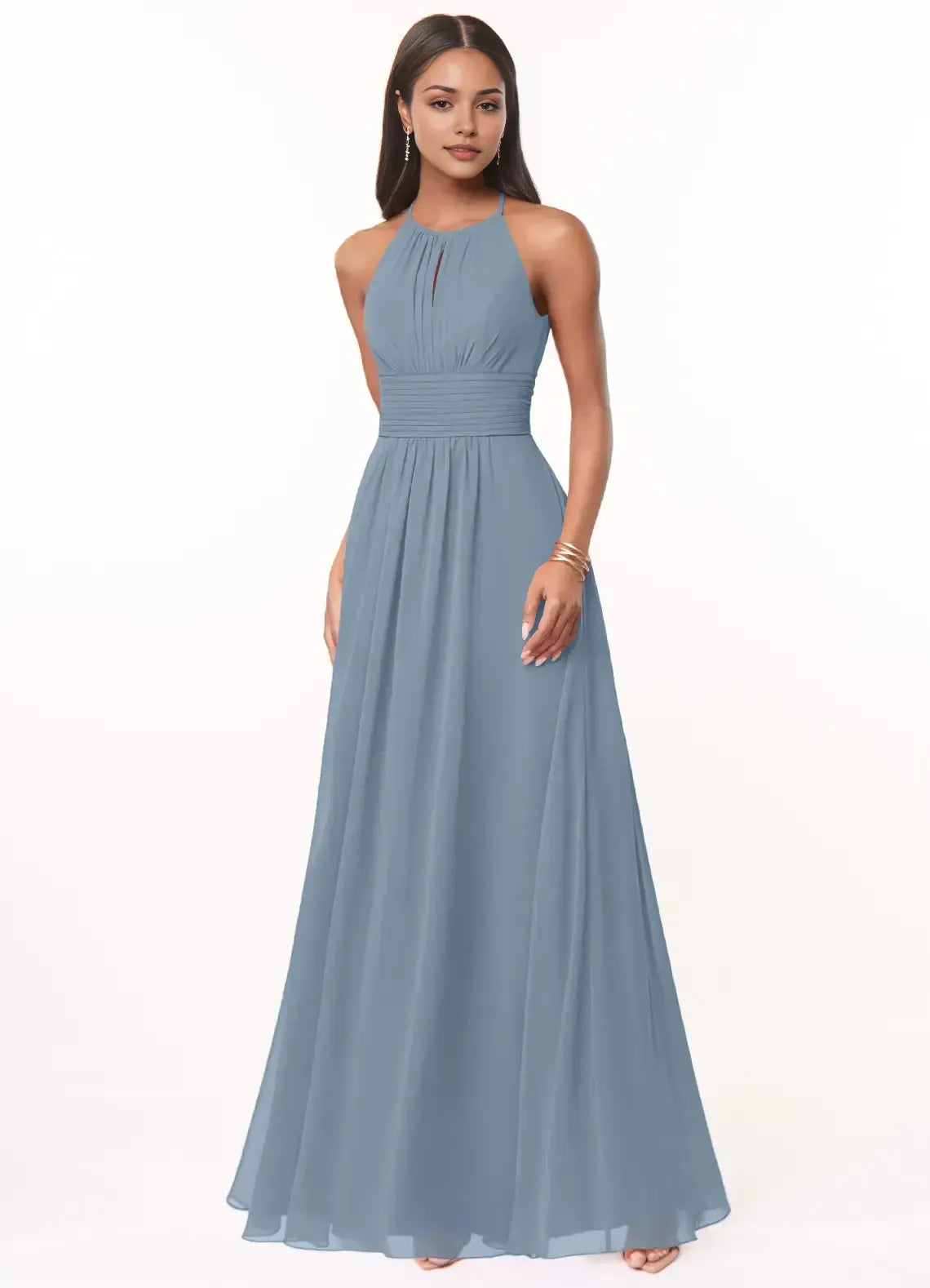 Elegant Dusty Blue A-Line Halter-Neck Sleeveless Keyhole-Back Maxi Bridesmaid Dress